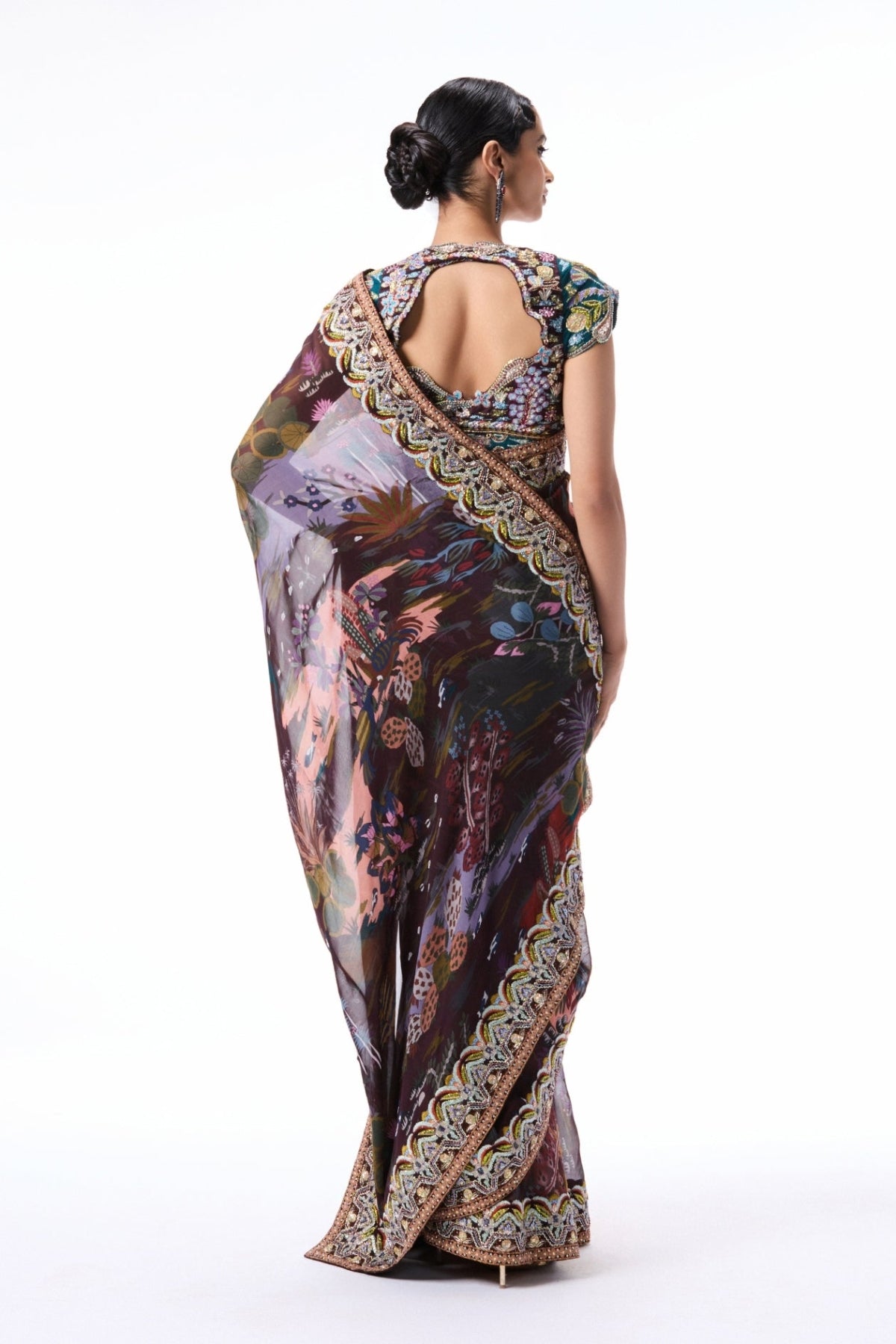 Moonveil - teakberry printed viscose organza saree