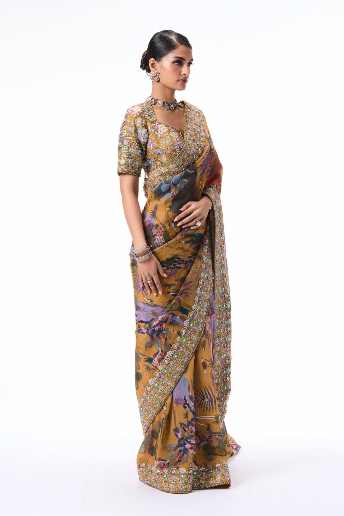 Bloomthyst - mustard printed viscose organza saree