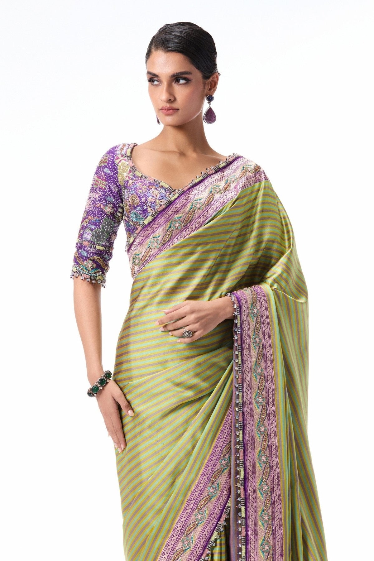 Auraheart - green-purple Banarasi silk saree