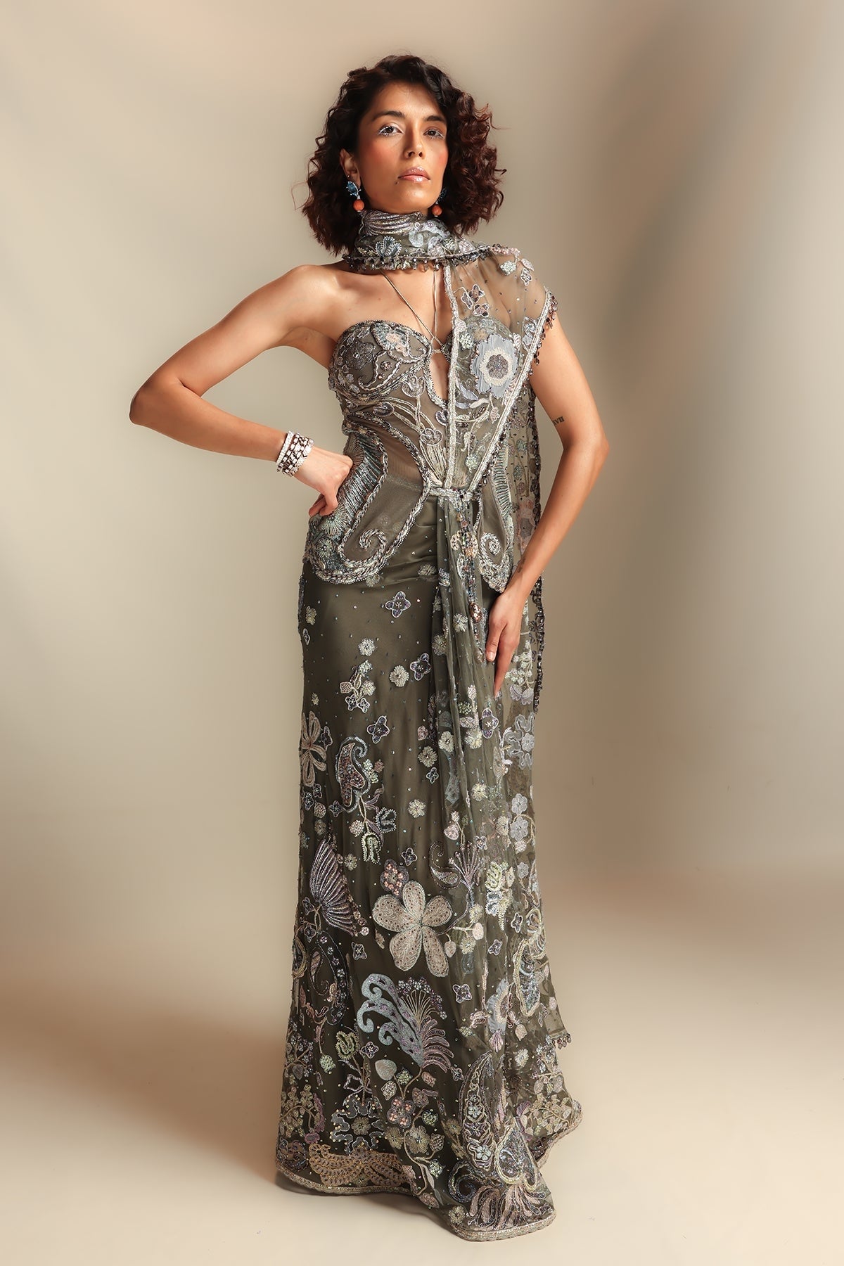 Internebula - grey tulle draped saree