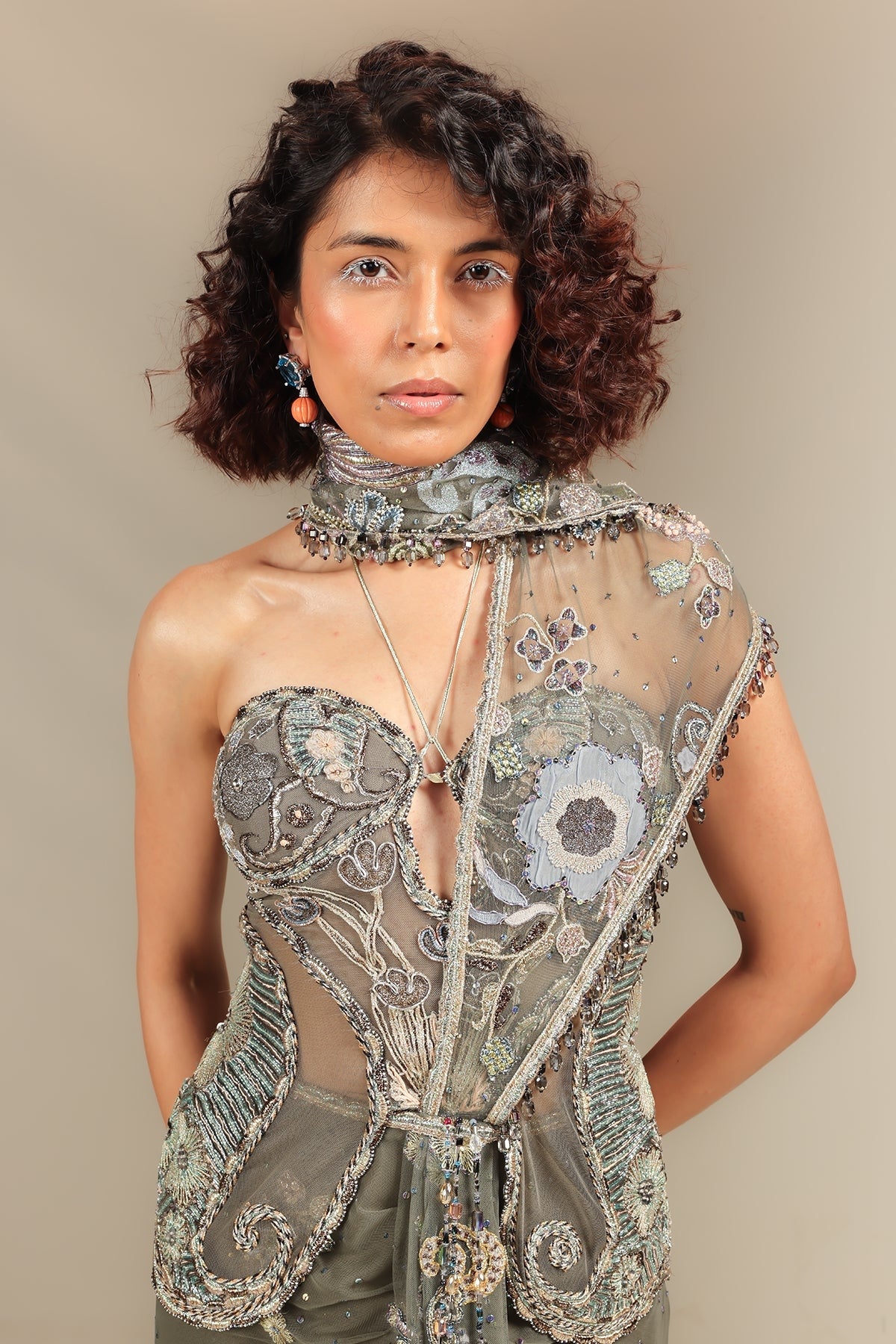 Internebula - grey tulle draped saree