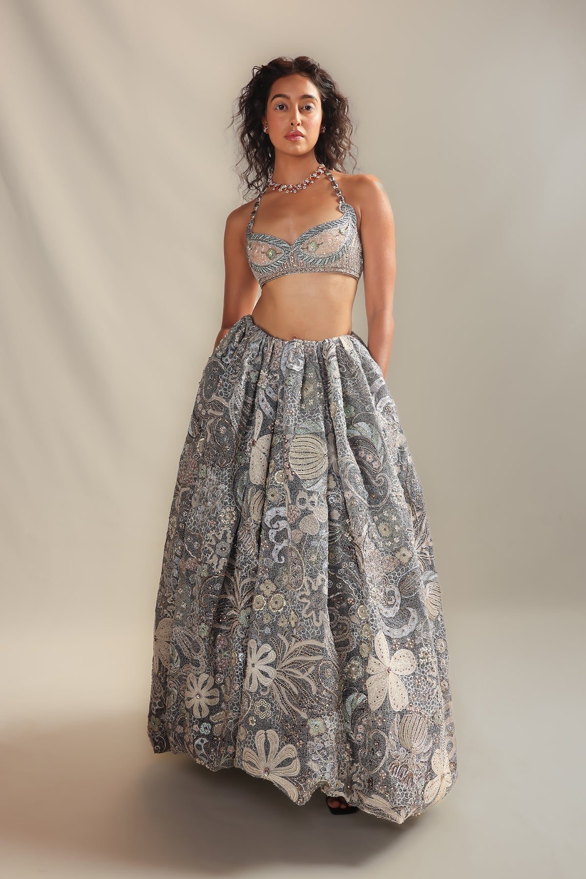 Interelis - grey mesh lehenga