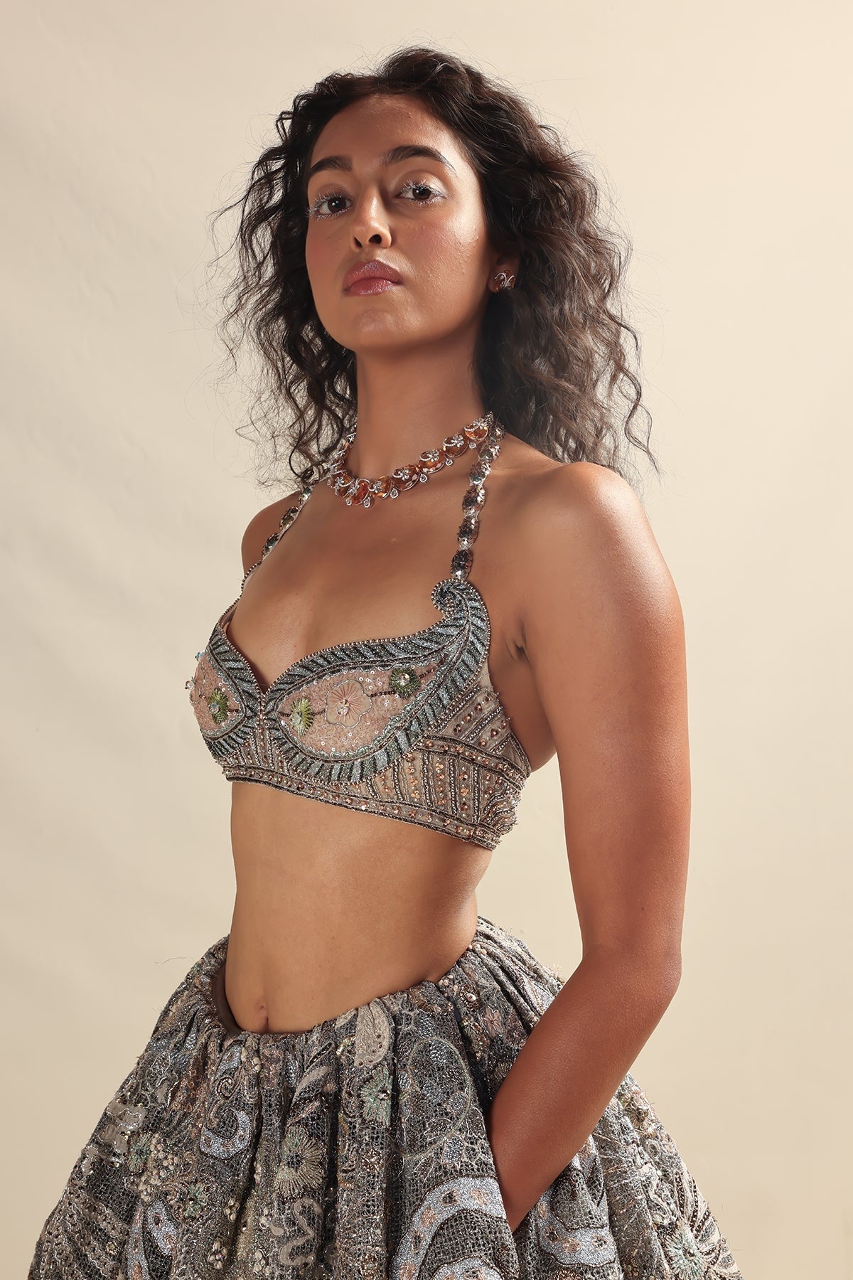 Interelis - grey mesh lehenga
