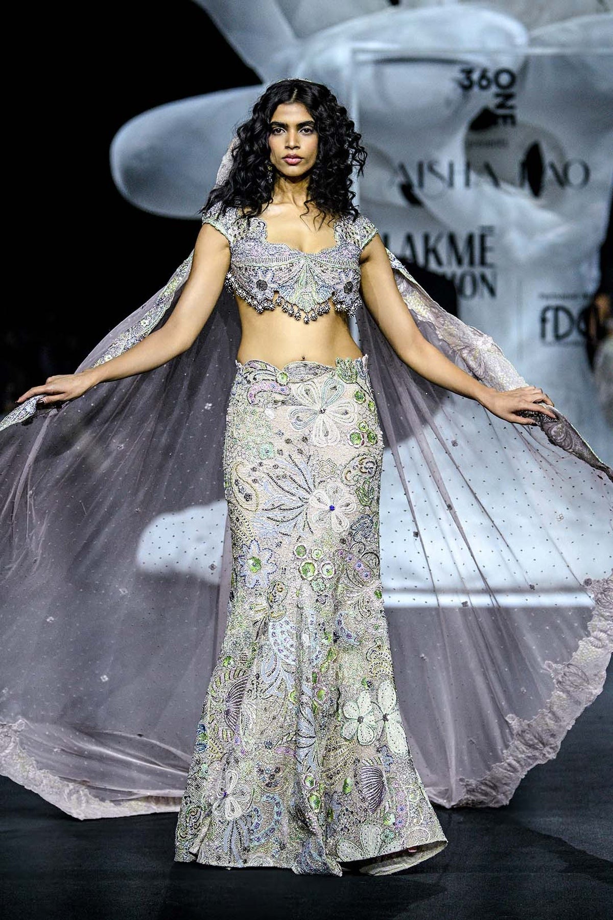 Interveil - ivory baby pink mesh mermaid lehenga