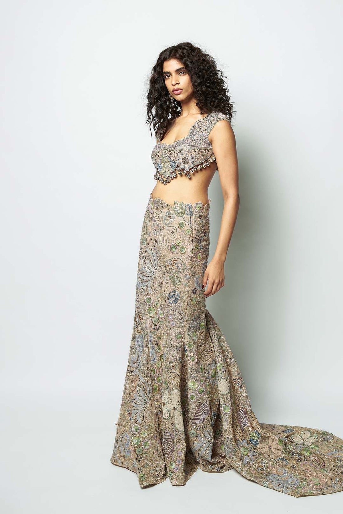 Interveil - ivory baby pink mesh mermaid lehenga