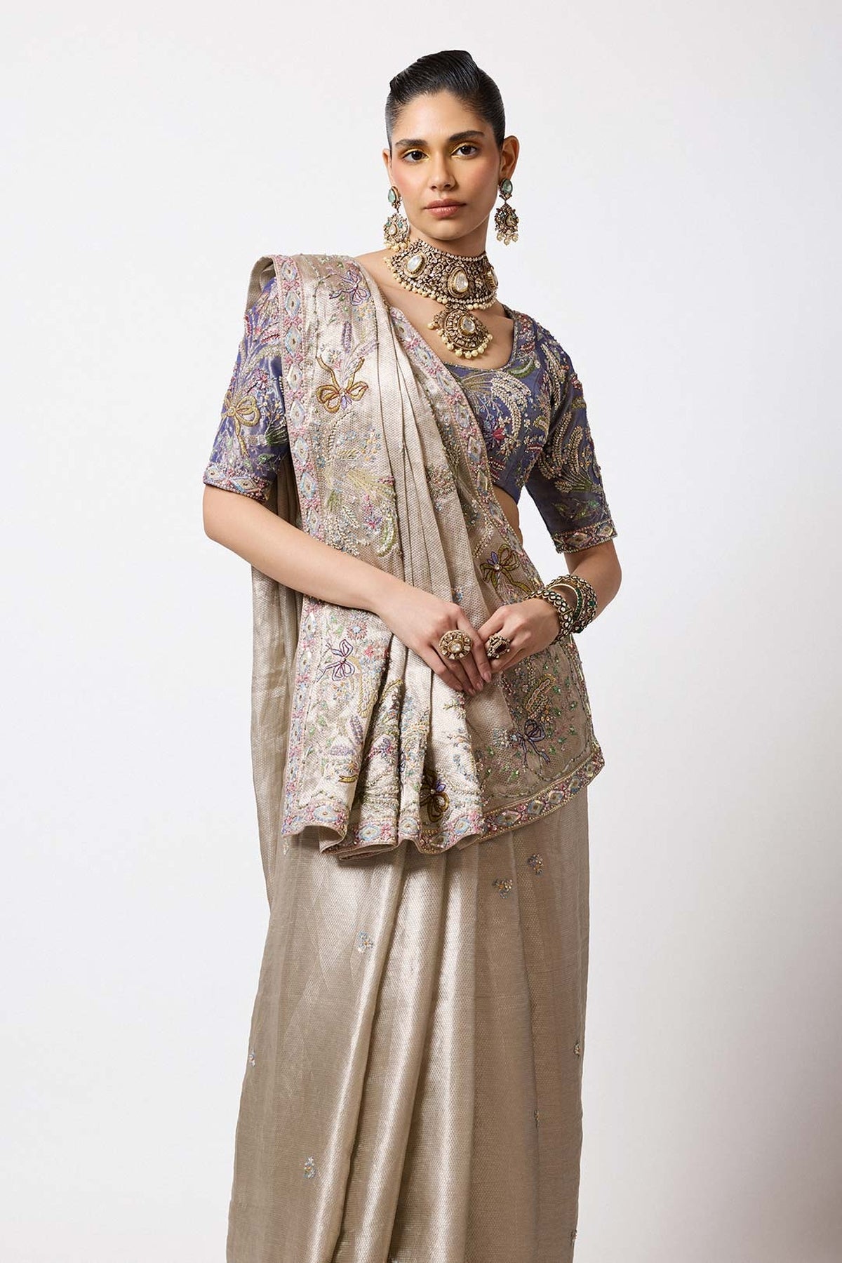 Émaurie - Metallic Pewter Banarasi Tissue Brocade Saree