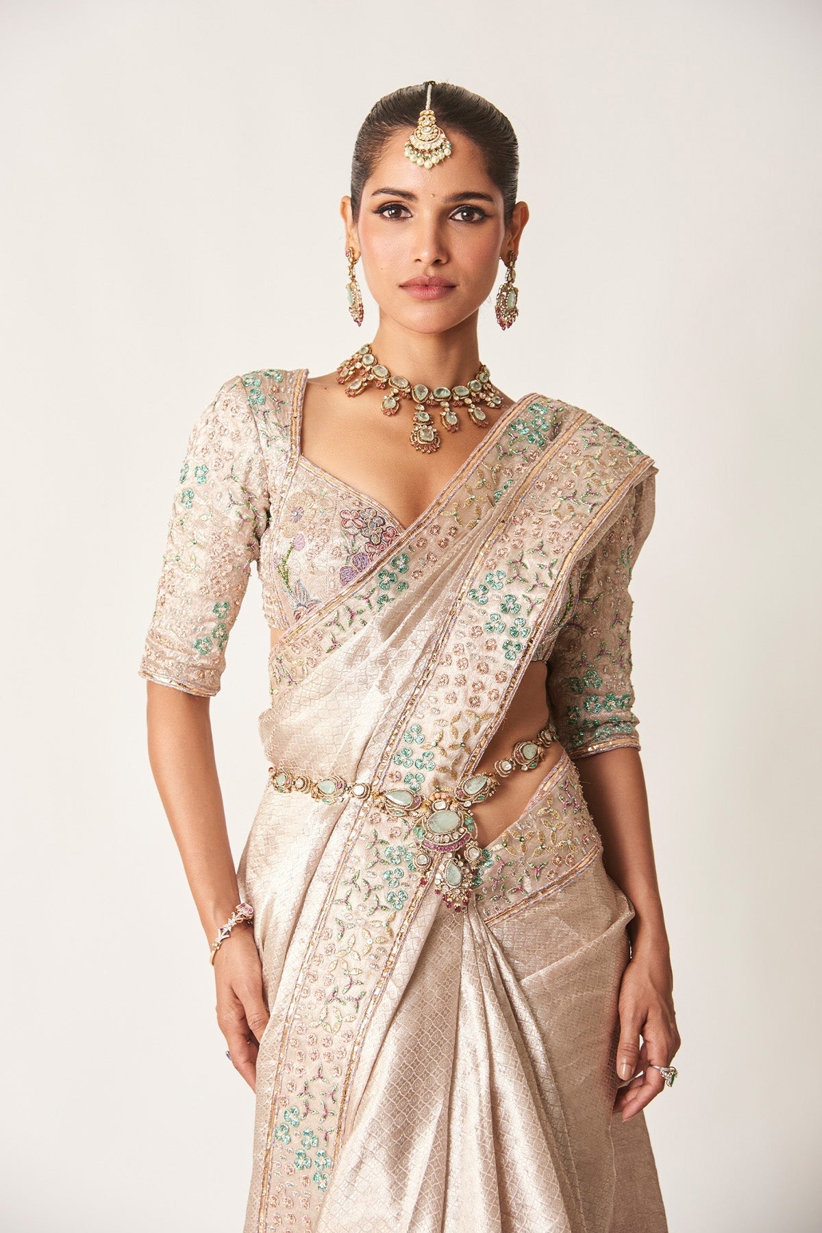 Naira - Rose Champagne Banarasi Tissue Brocade Saree