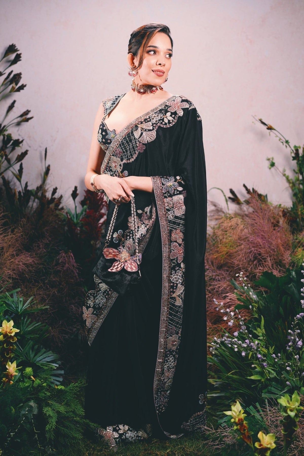Shinora - Black Mulberry Crepe Saree