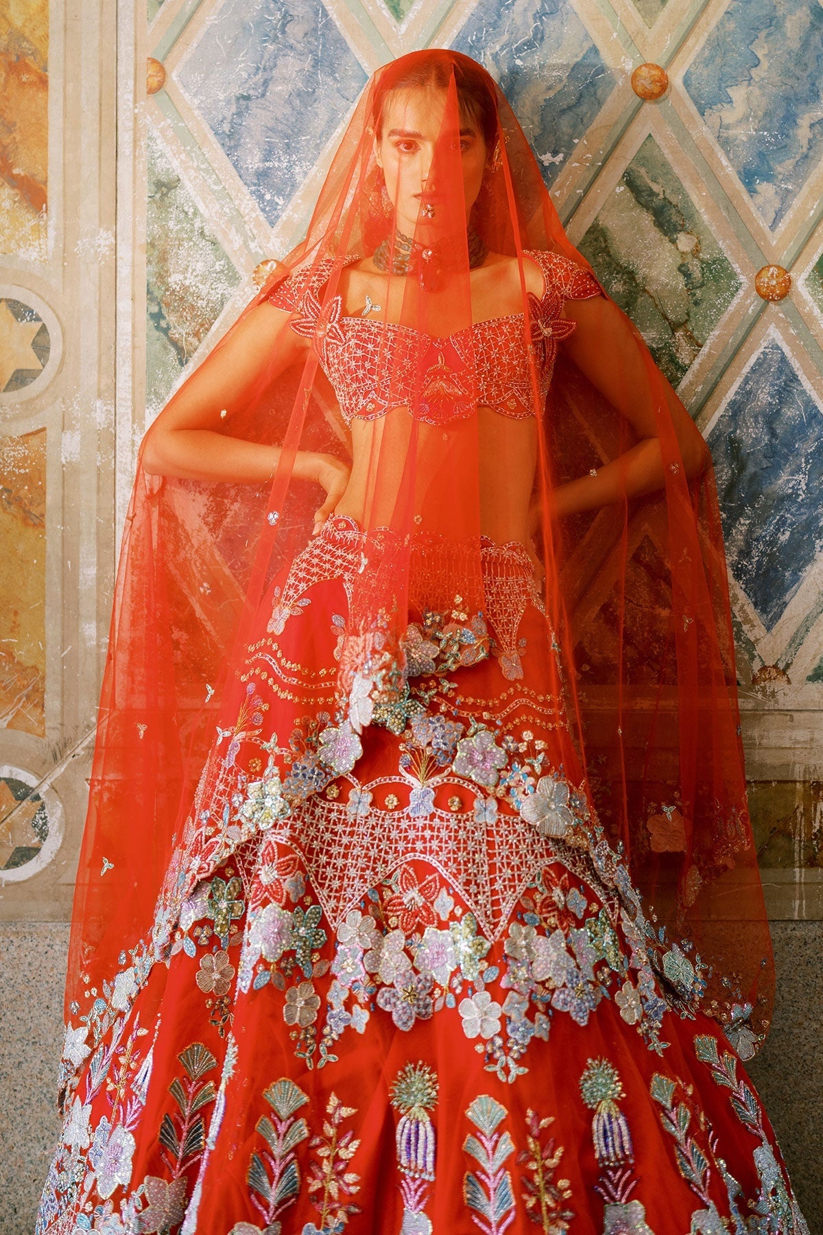 Bryelle - Rosso corsa red Tulle Lehenga
