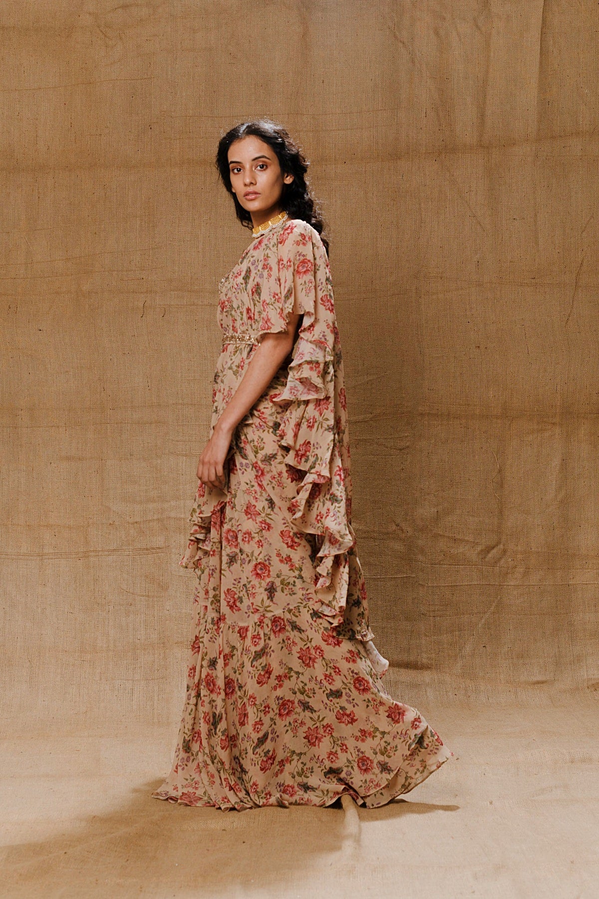 Vintage Printed Ruffle Saree Set