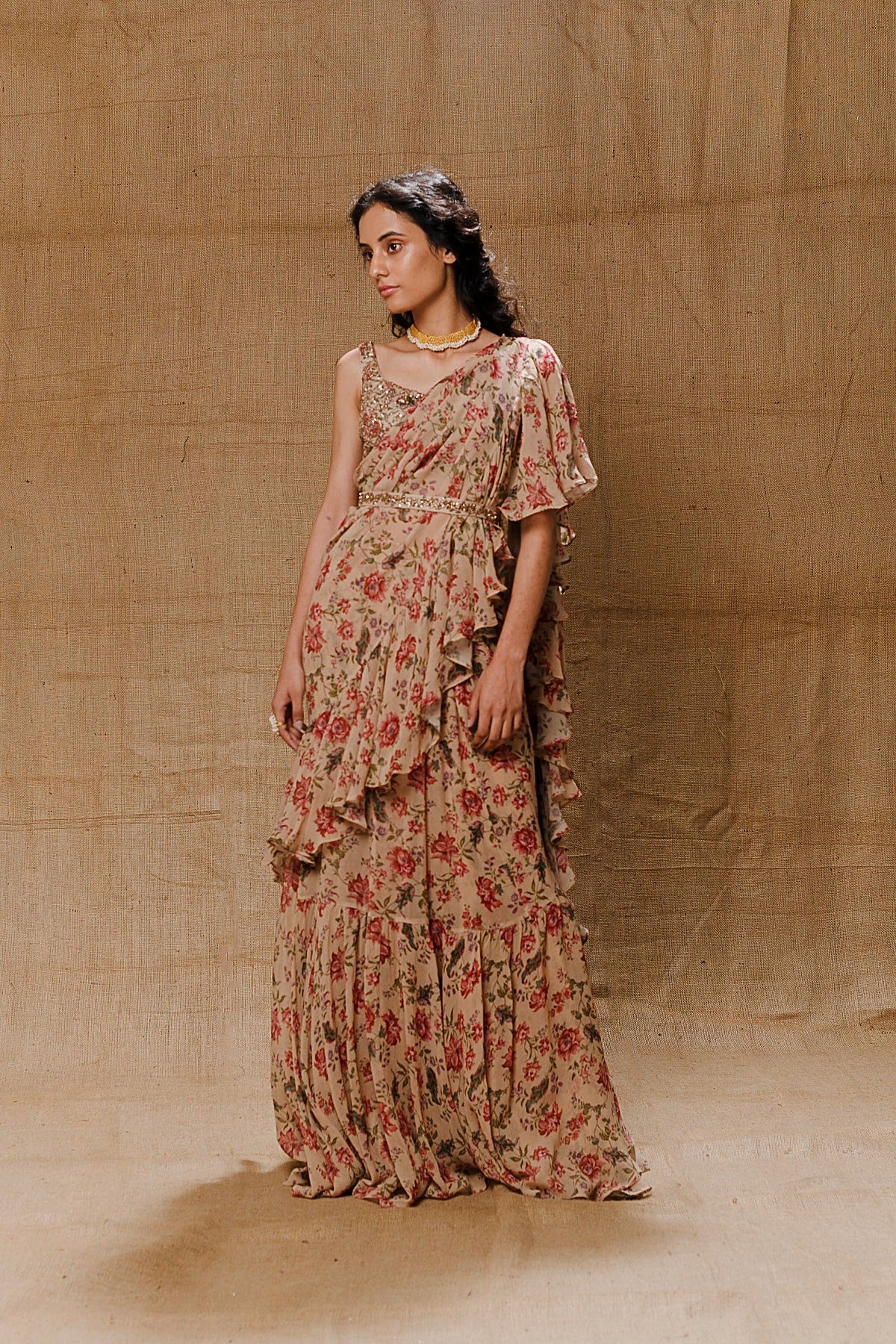 Vintage Printed Ruffle Saree Set
