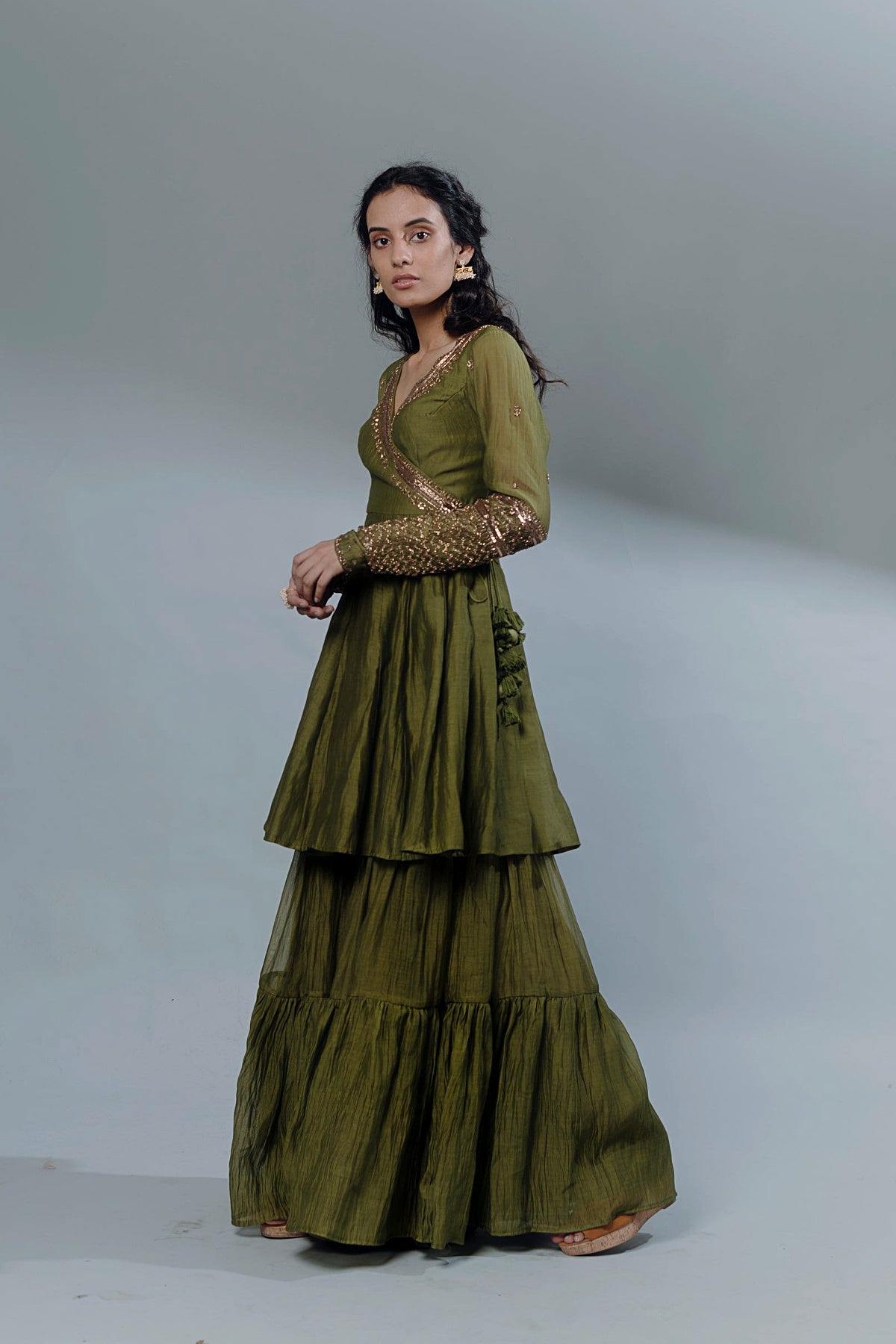 Mehendi Green Thread Peplum And Sharara Set