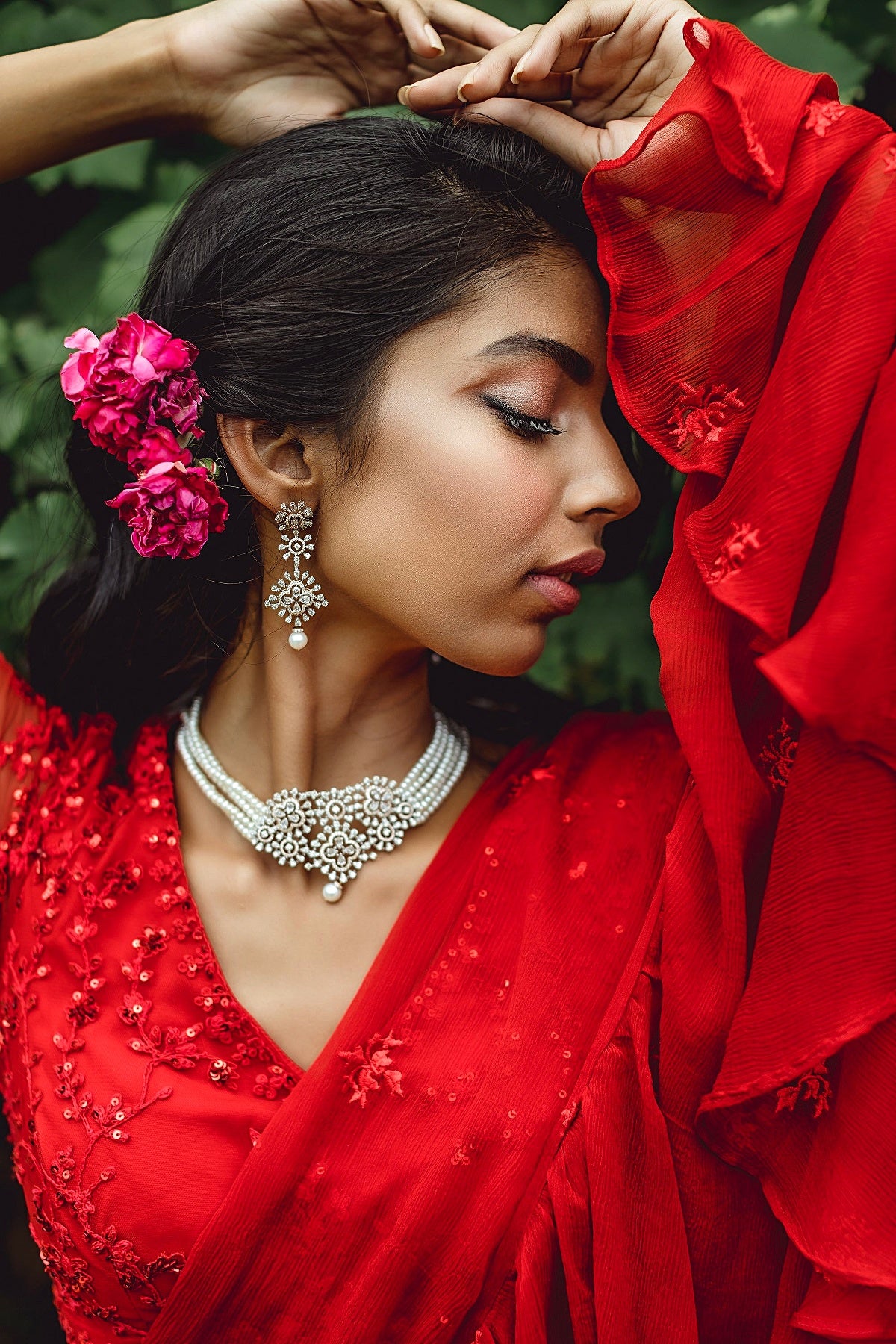 Red Threadwork Ruffle Saree Set