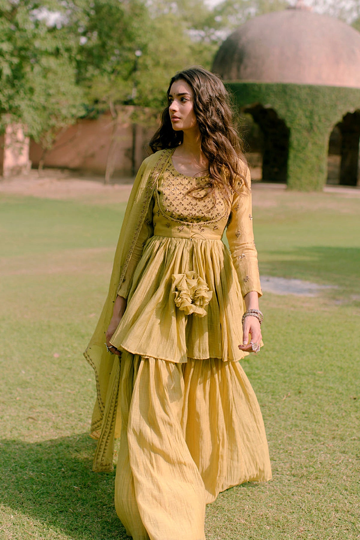 Parrot Green Thread Peplum And Sharara Set