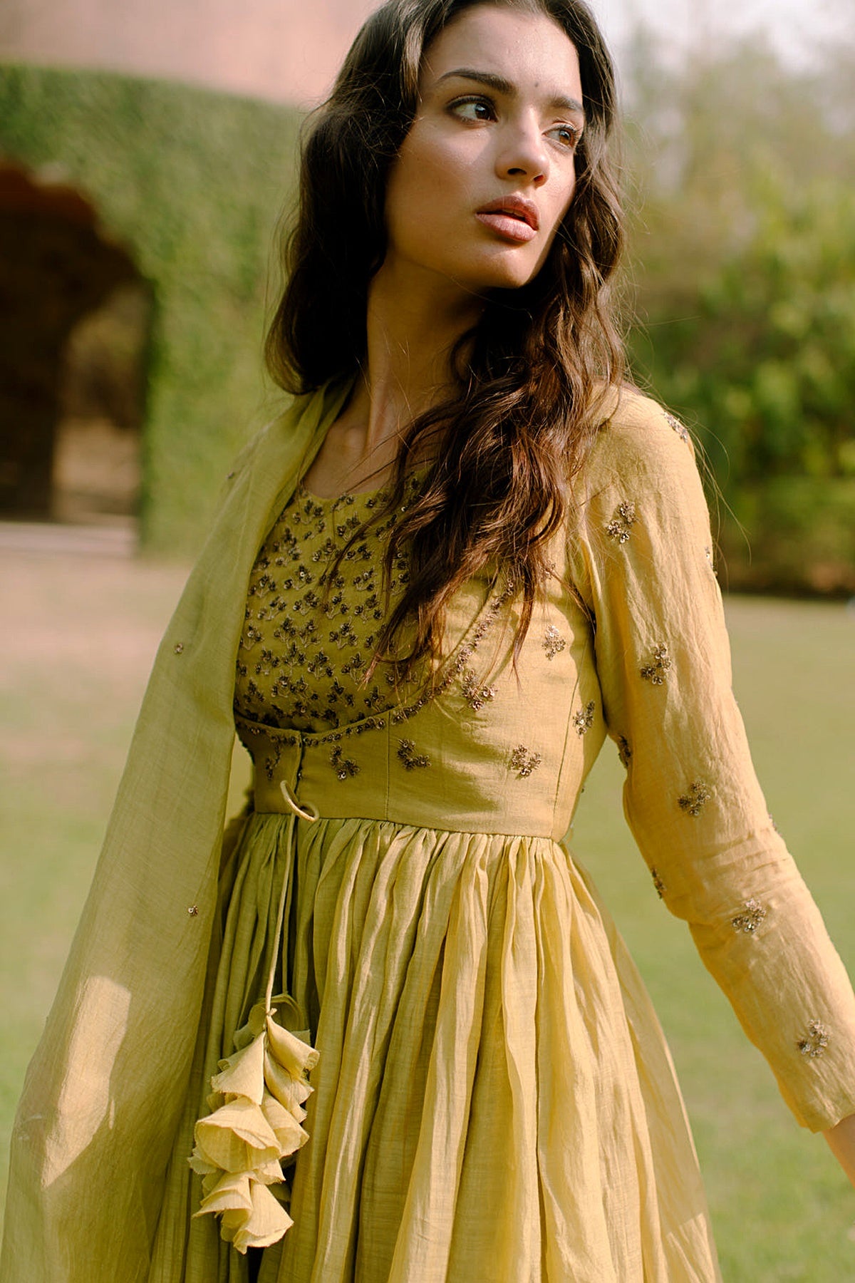 Parrot Green Thread Peplum And Sharara Set
