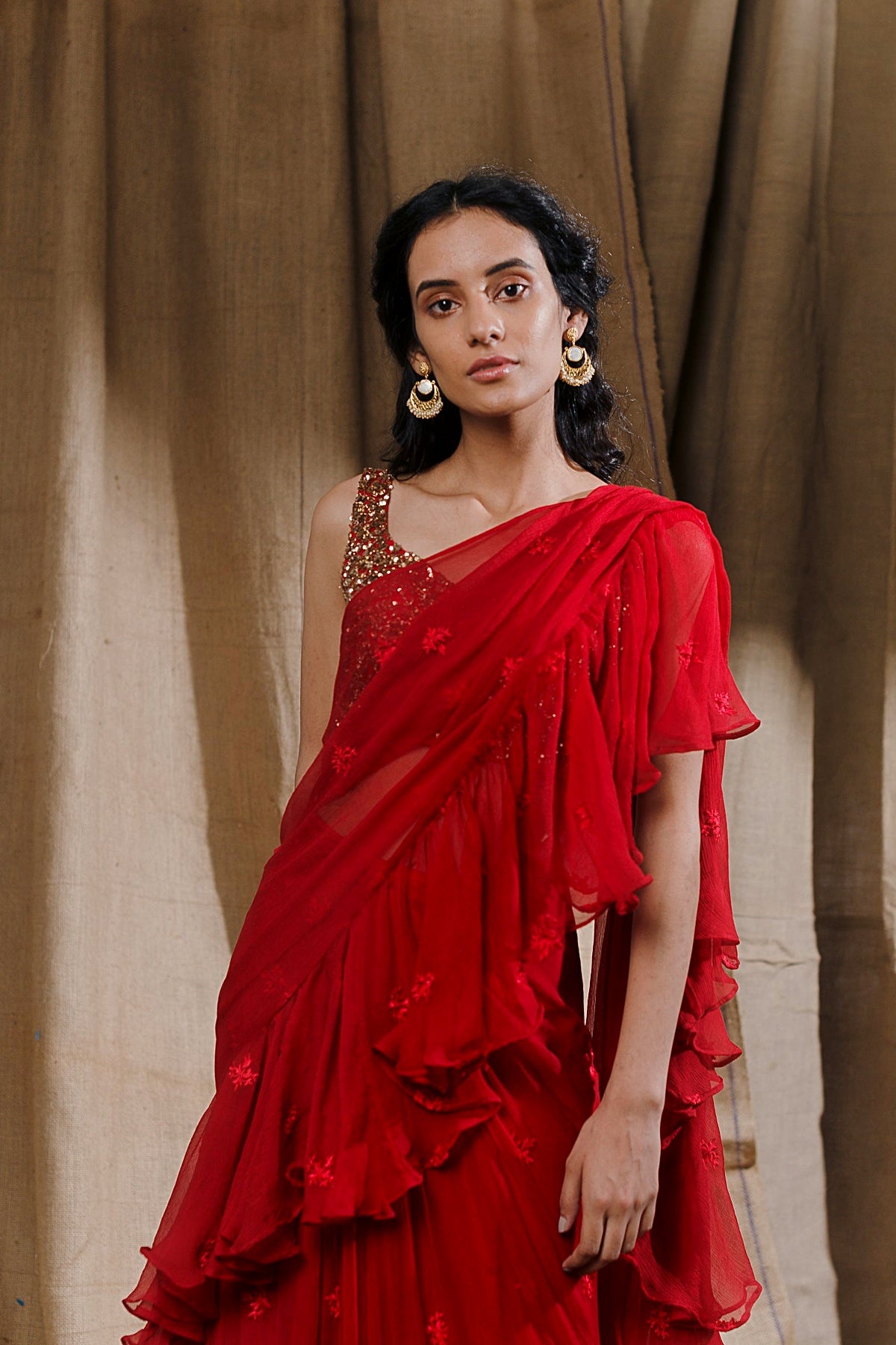 Red Thread Ruffle Saree With Embellished Blouse