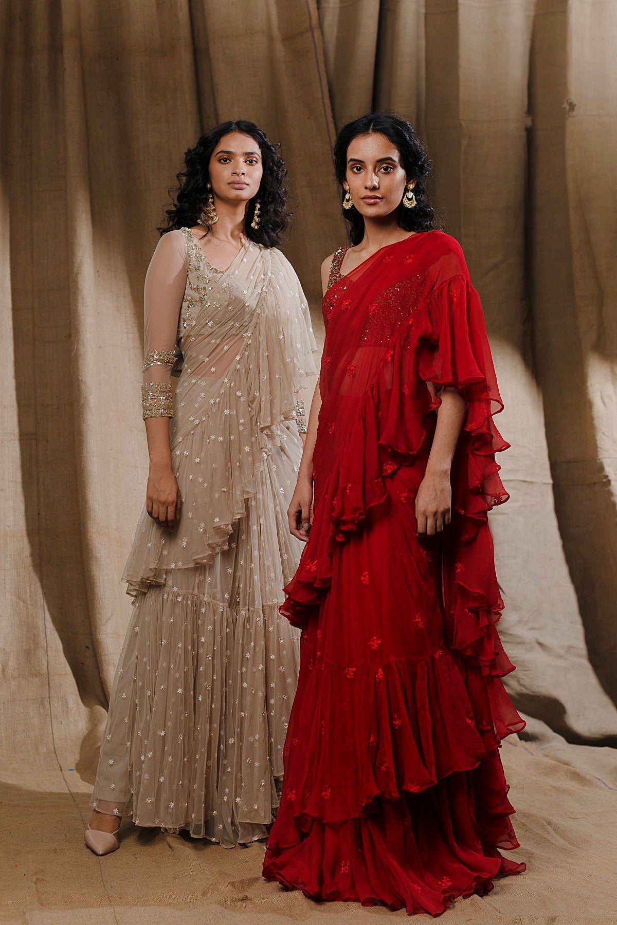 Red Thread Ruffle Saree With Embellished Blouse