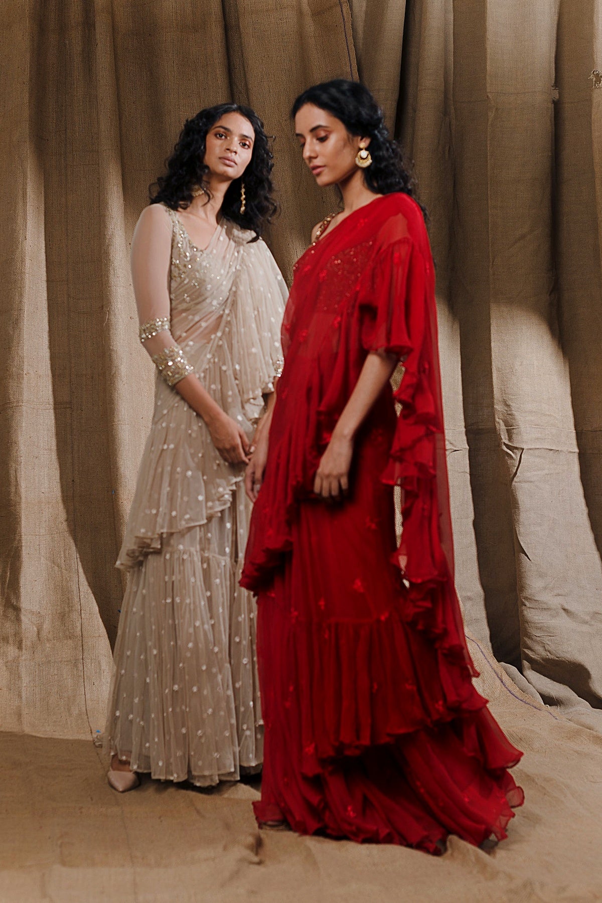 Red Thread Ruffle Saree With Embellished Blouse