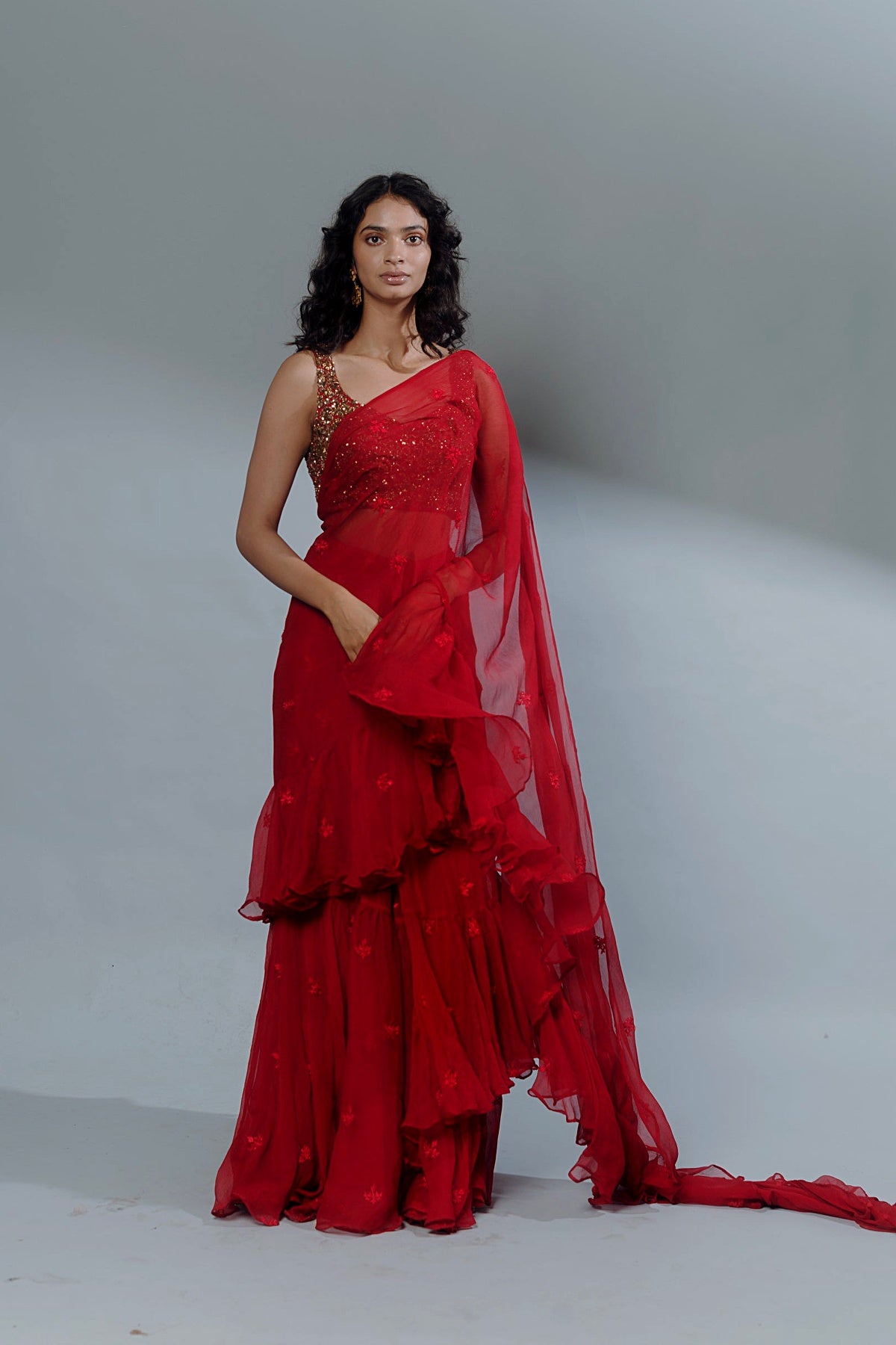 Red Thread Ruffle Saree With Embellished Blouse
