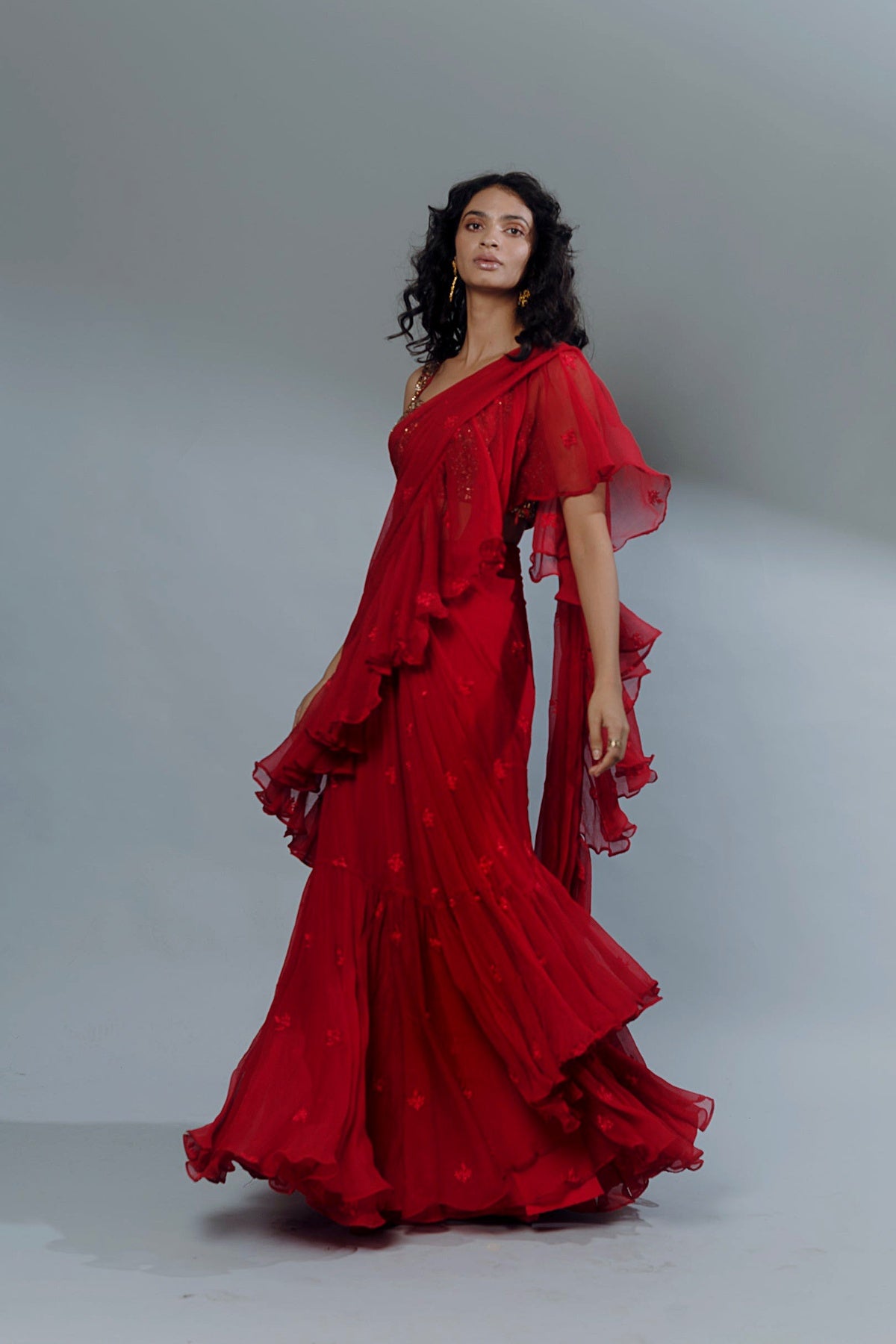 Red Thread Ruffle Saree With Embellished Blouse