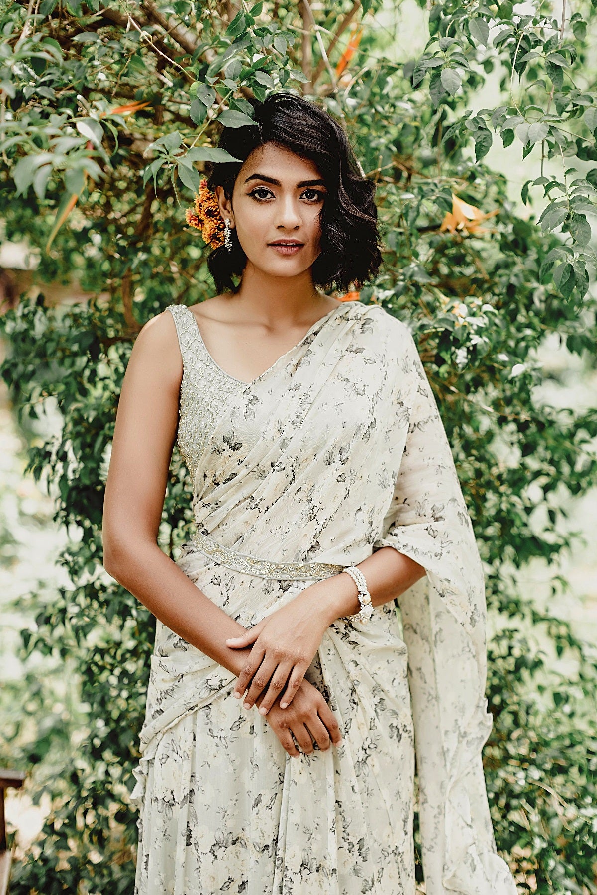 Mint Floral Printed Ruffle Saree