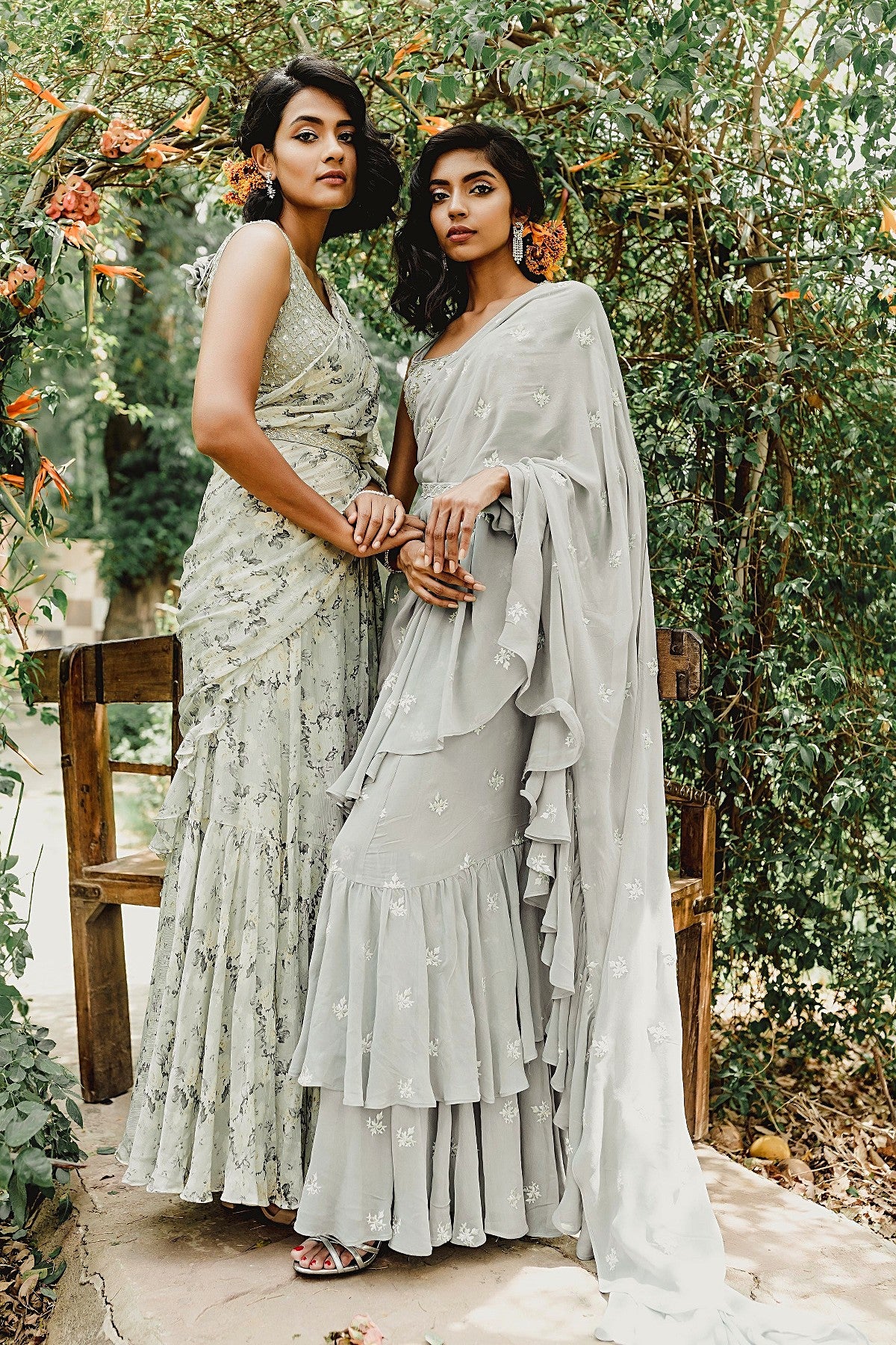 Mint Floral Printed Ruffle Saree