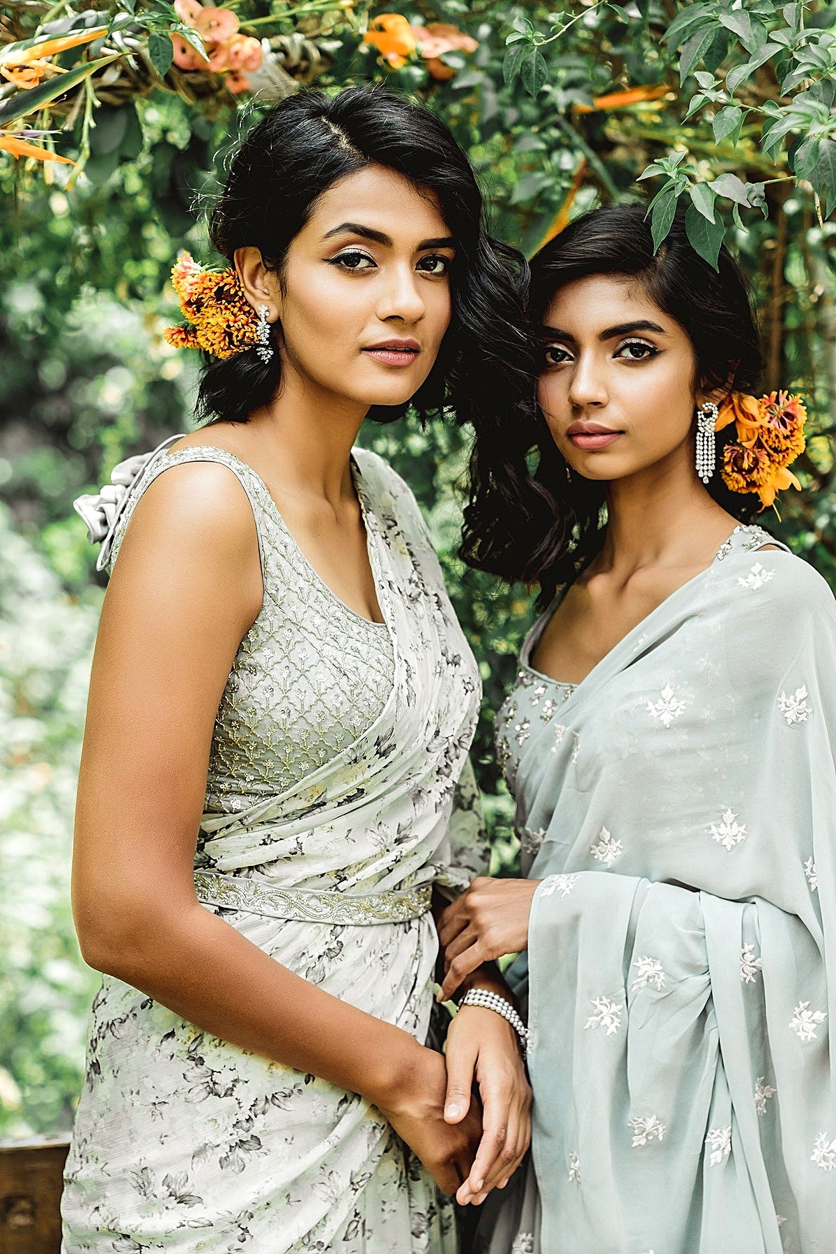 Mint Floral Printed Ruffle Saree