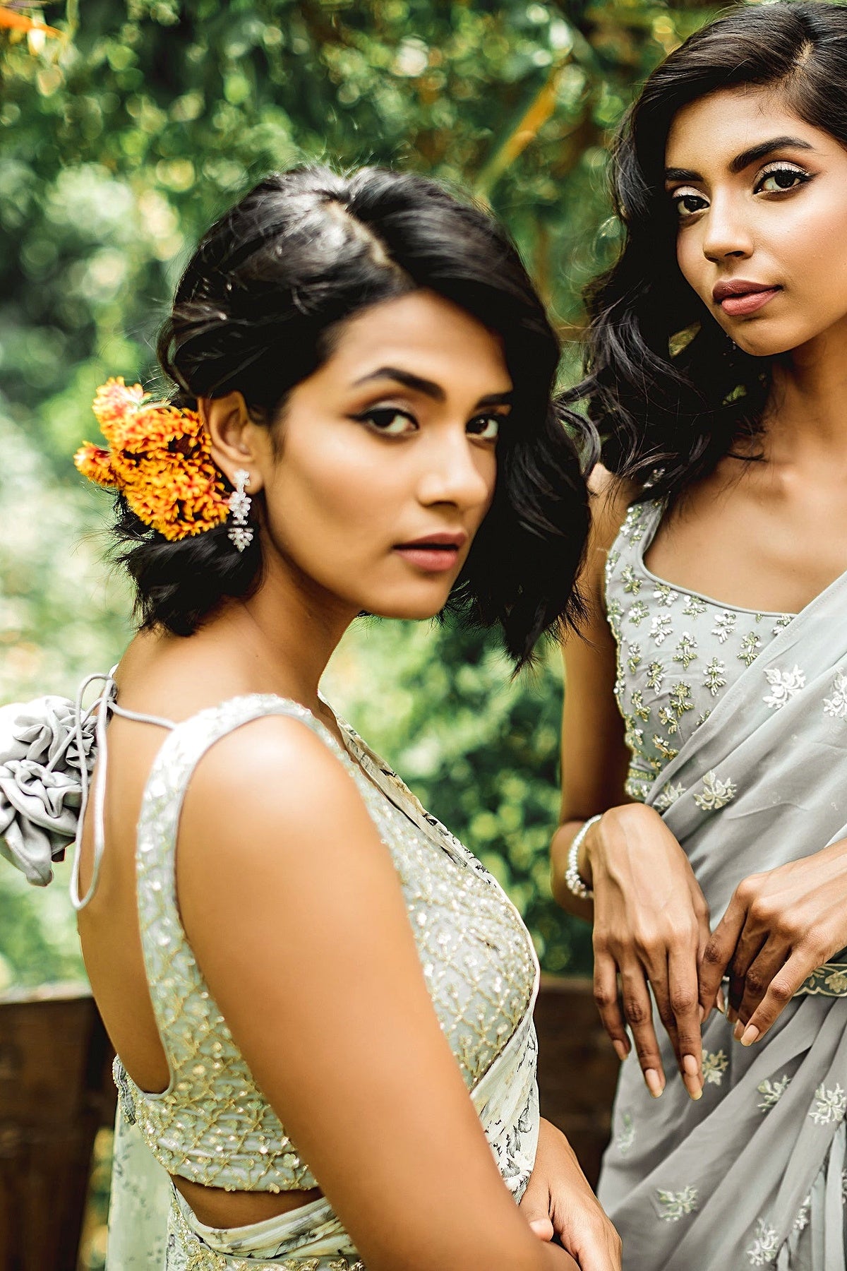 Mint Floral Printed Ruffle Saree