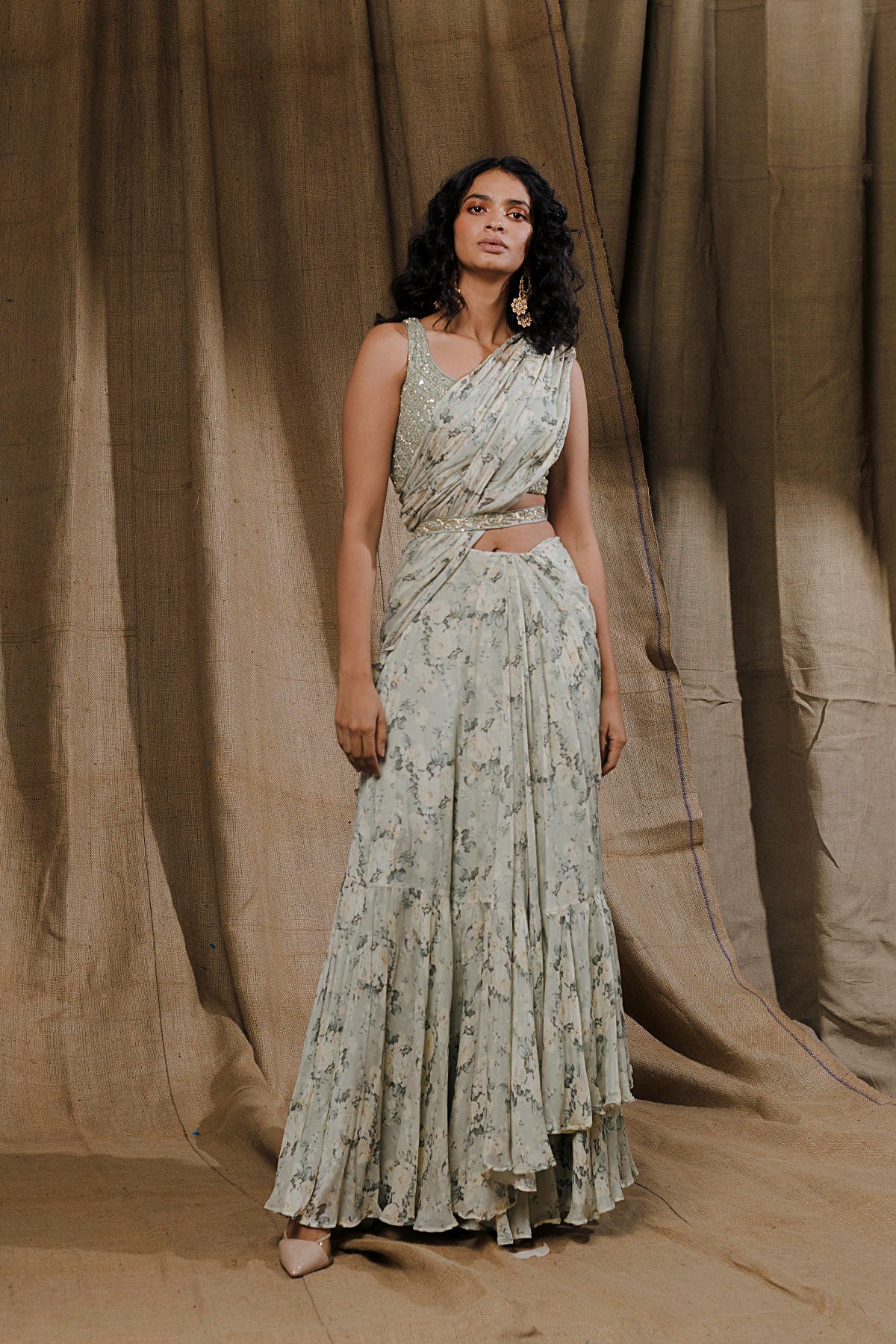Mint Floral Printed Ruffle Saree