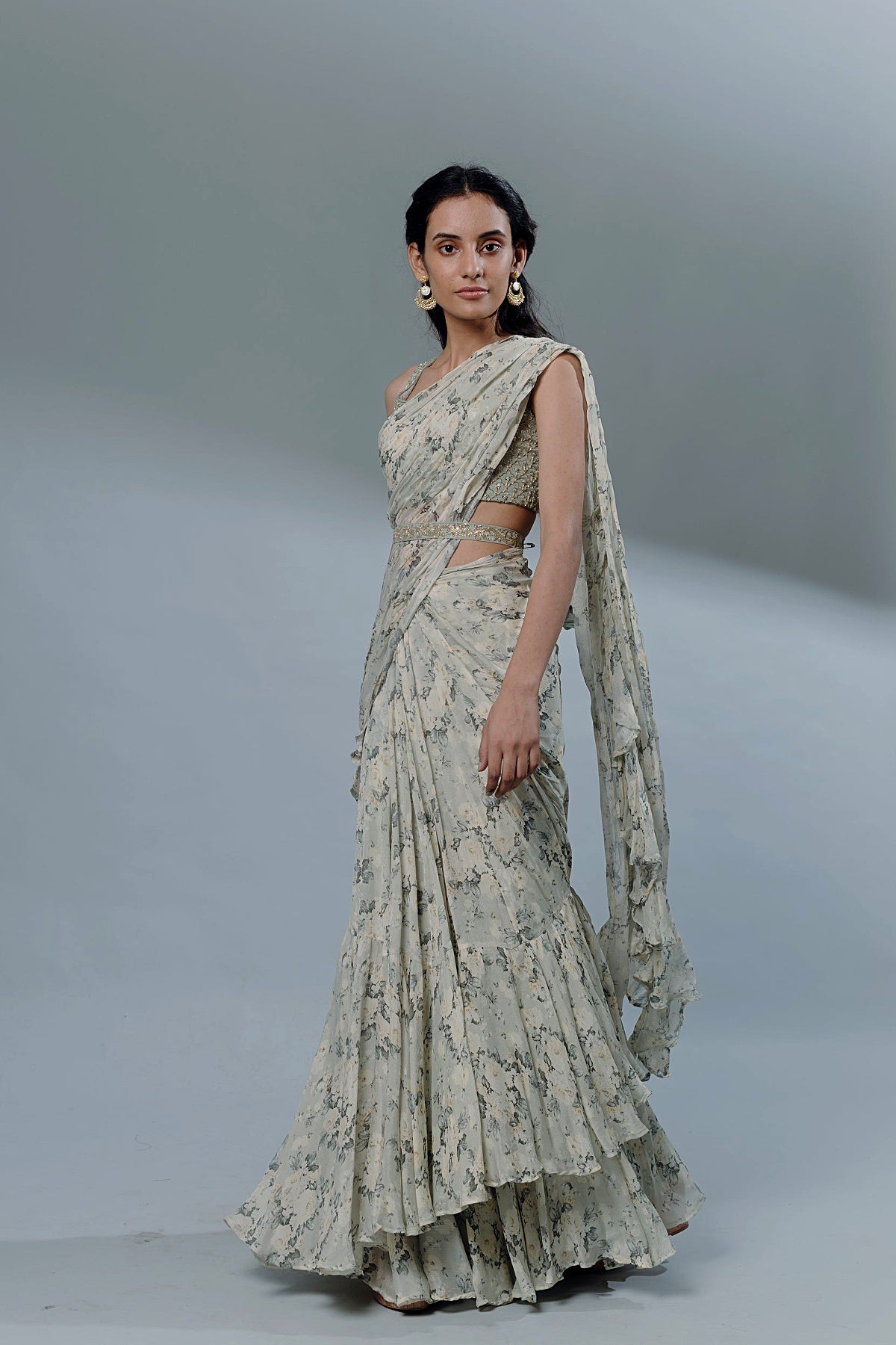 Mint Floral Printed Ruffle Saree