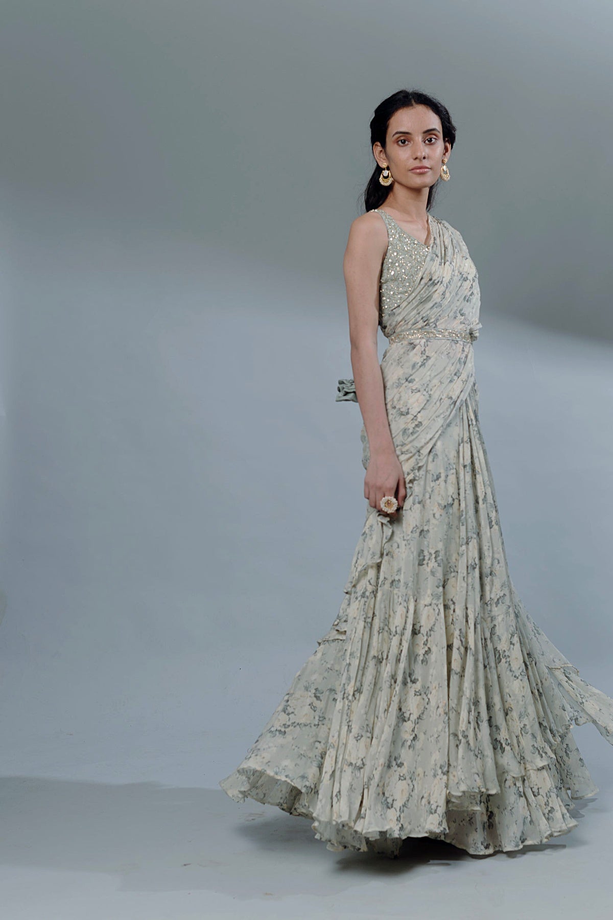 Mint Floral Printed Ruffle Saree