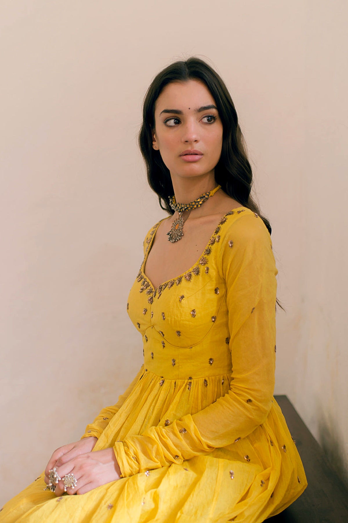 Yellow Anarkali Set With Off White Dupatta