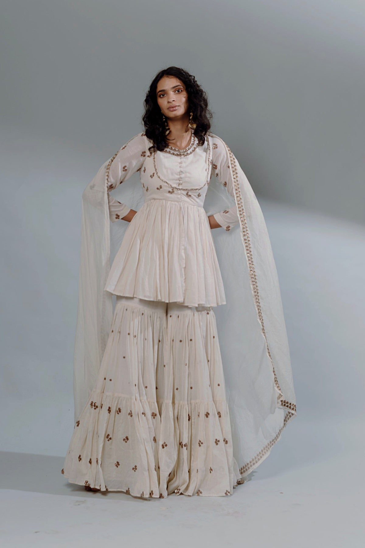 White Thread Peplum And Sharara