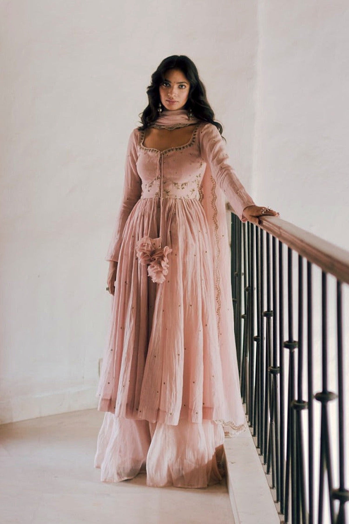 Powder Pink Thread Anarkali And Sharara Set