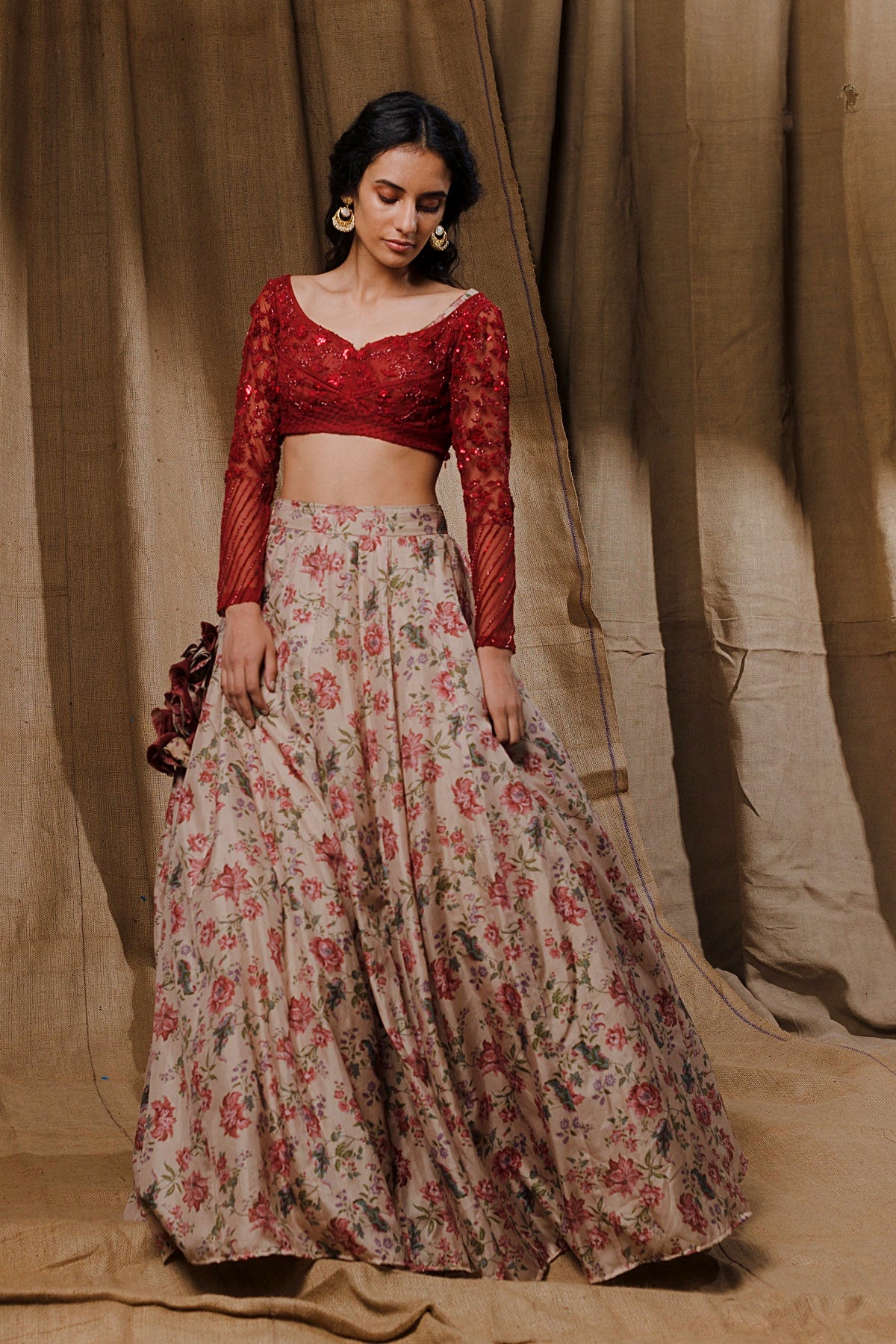 Beige Floral Printed Lehenga With Red Threawork Blouse