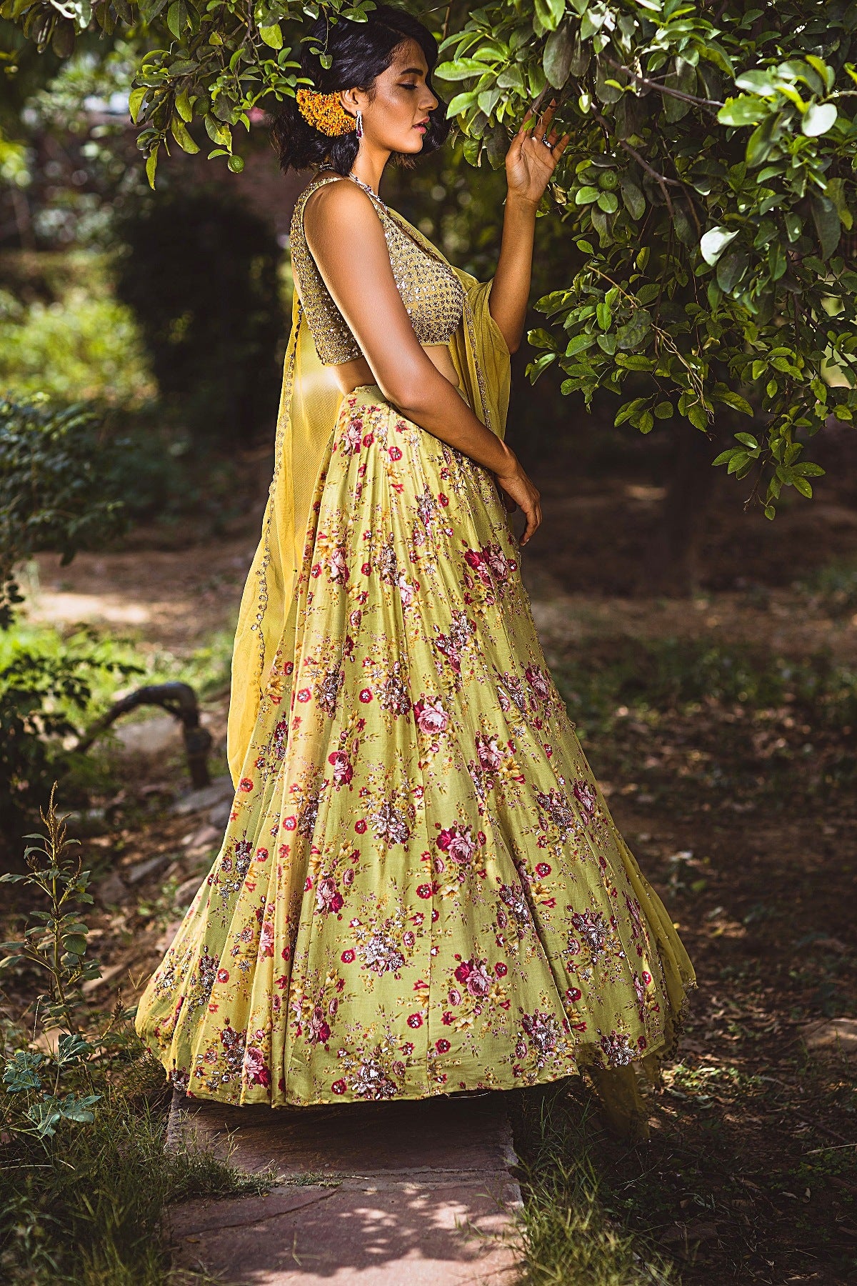 Leaf Green Floral Printed Lehenga Set