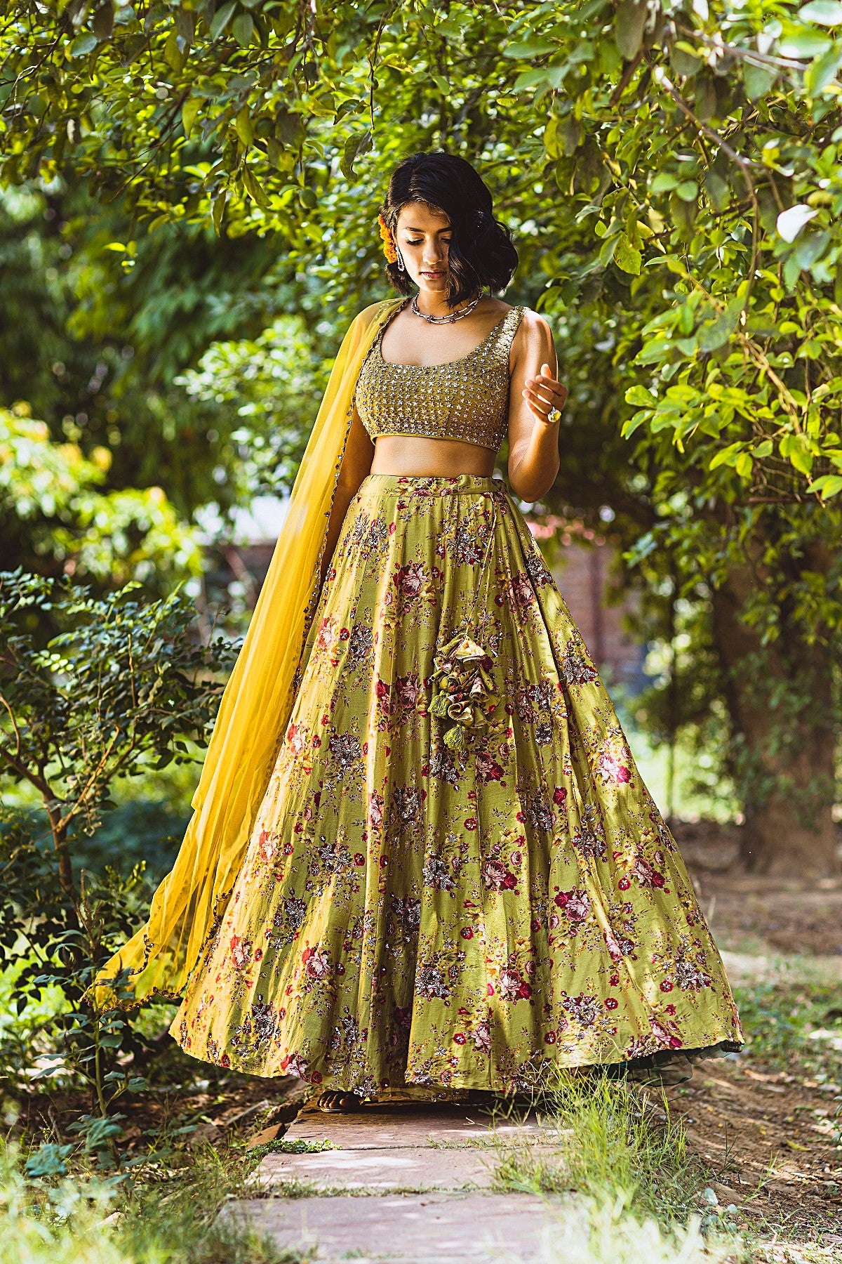 Leaf Green Floral Printed Lehenga Set