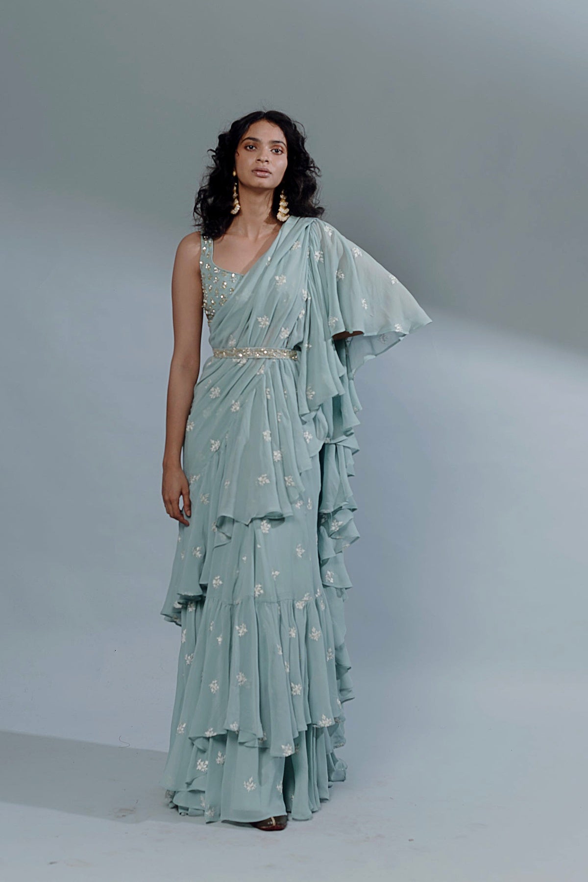 Sky Blue Bootie Ruffle Saree Set
