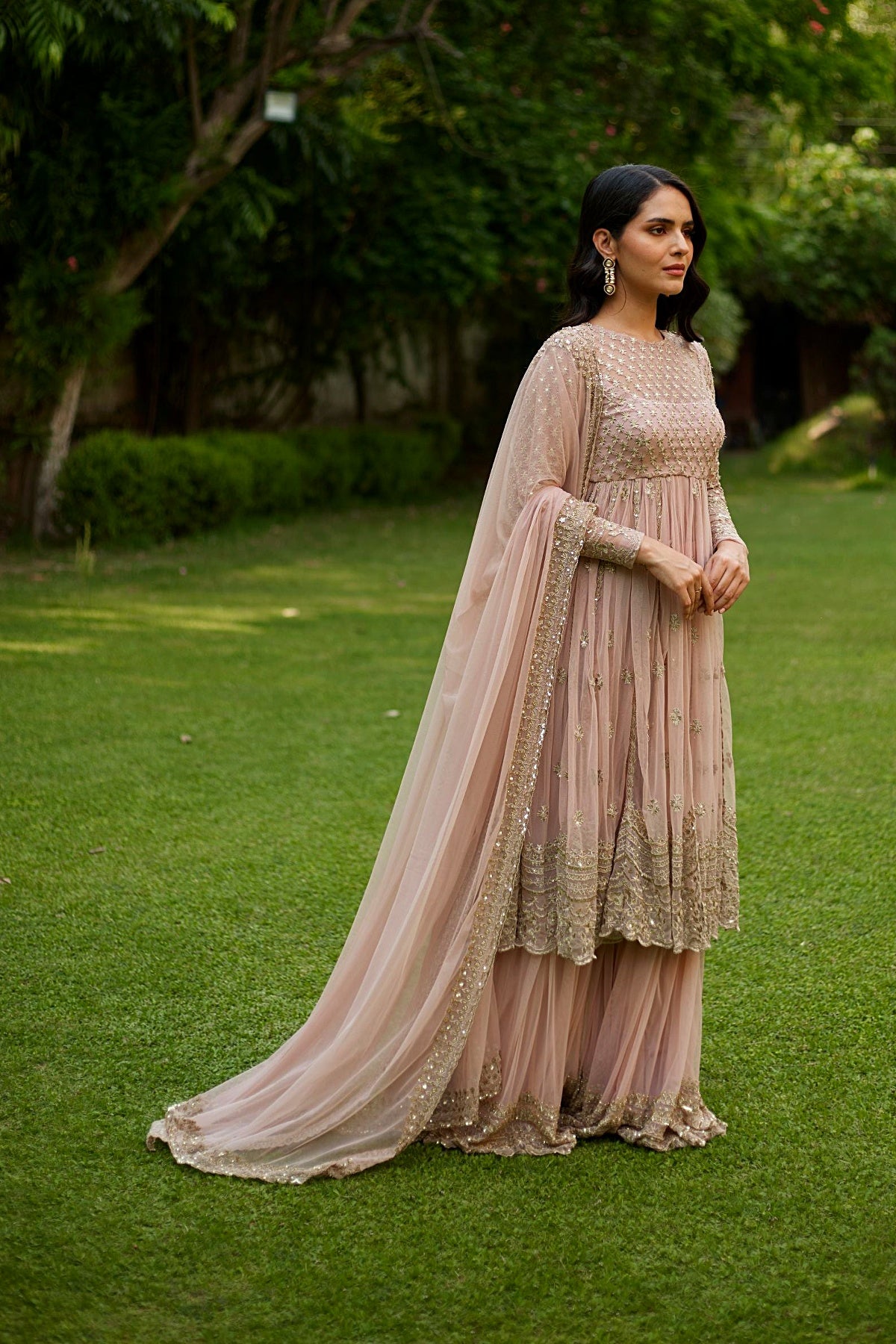 Pink On Pink Thread Work Anarkali And Sharara Set