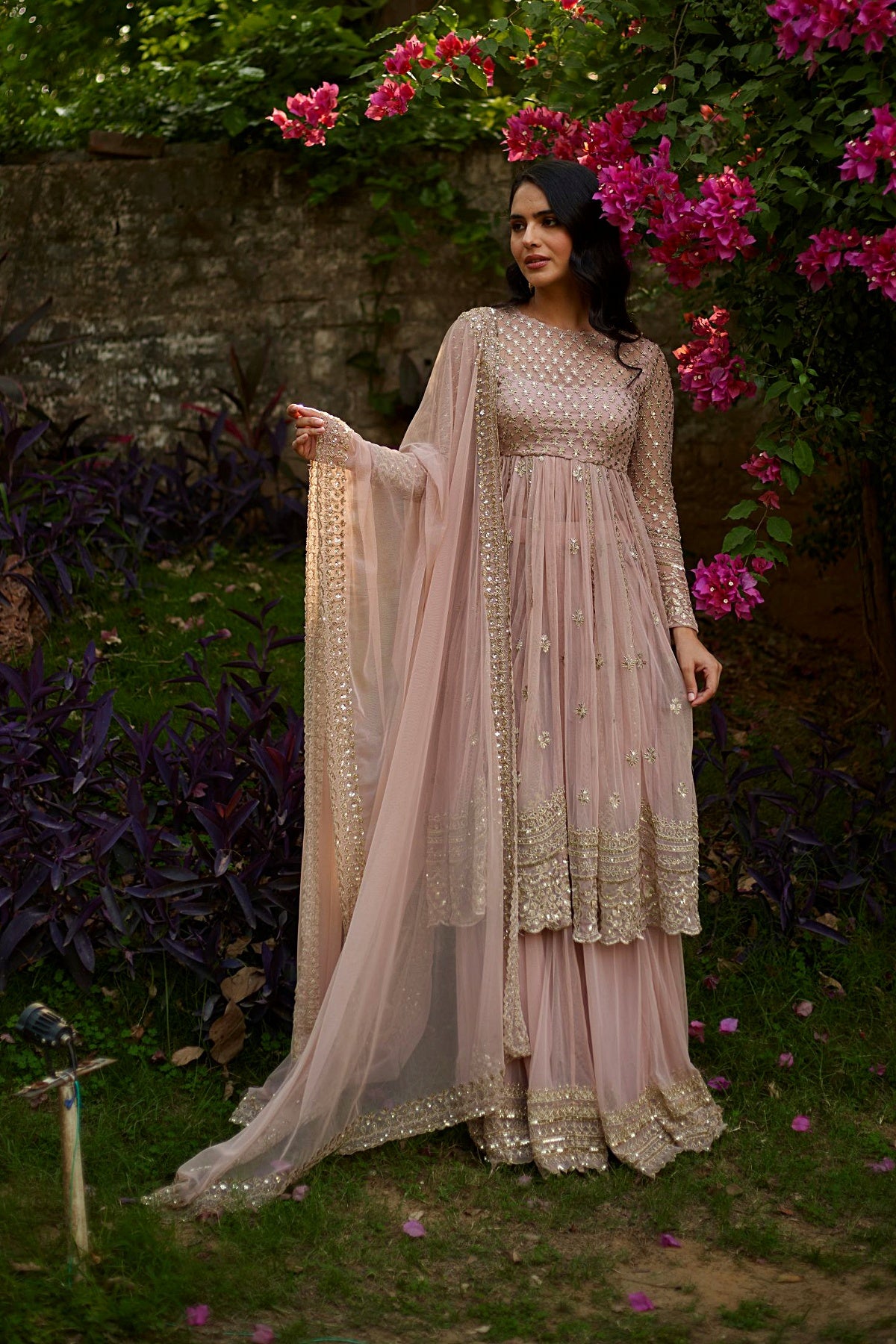 Pink On Pink Thread Work Anarkali And Sharara Set