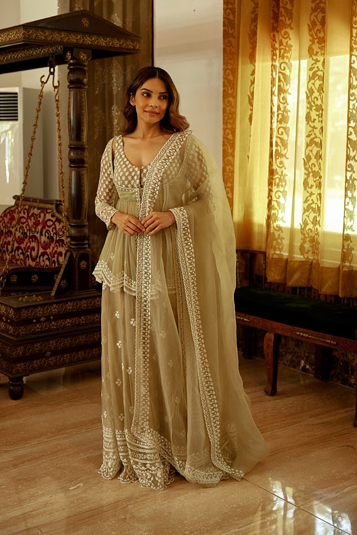 Beige With White Thread Work Peplum And Sharara Set