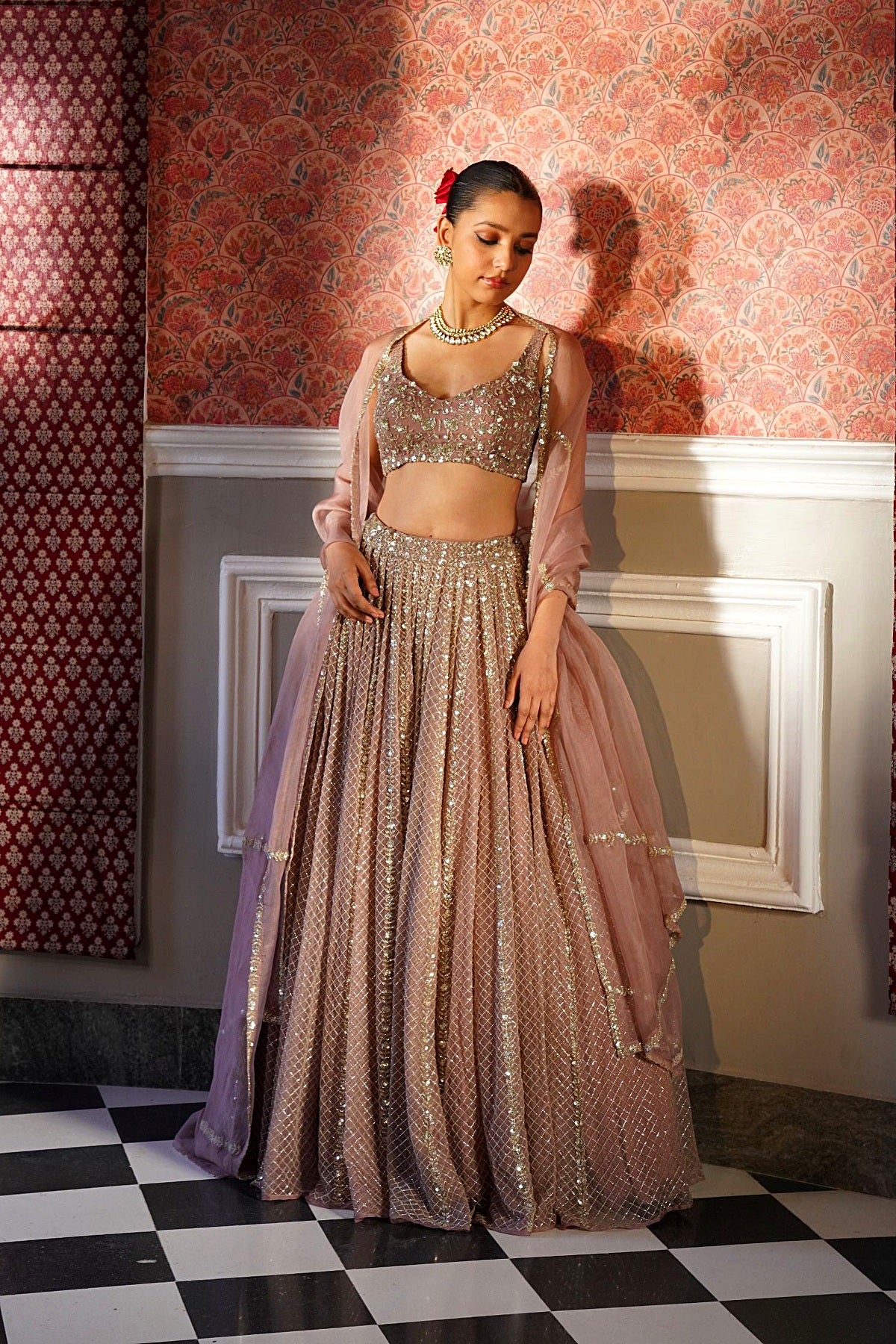 Onion Pink Organza Jaal Work Lehenga Set