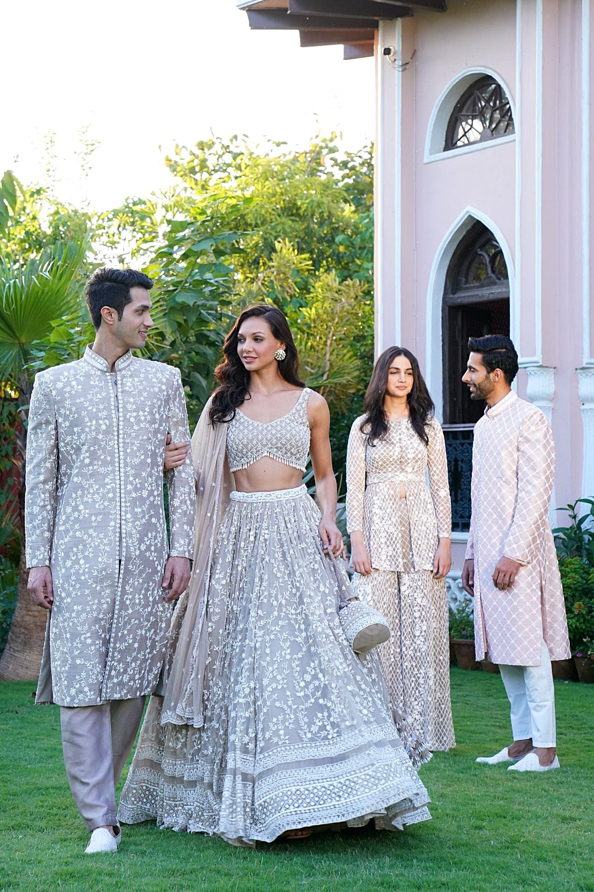 Grey With White Moti Jaal Work Lehenga Set