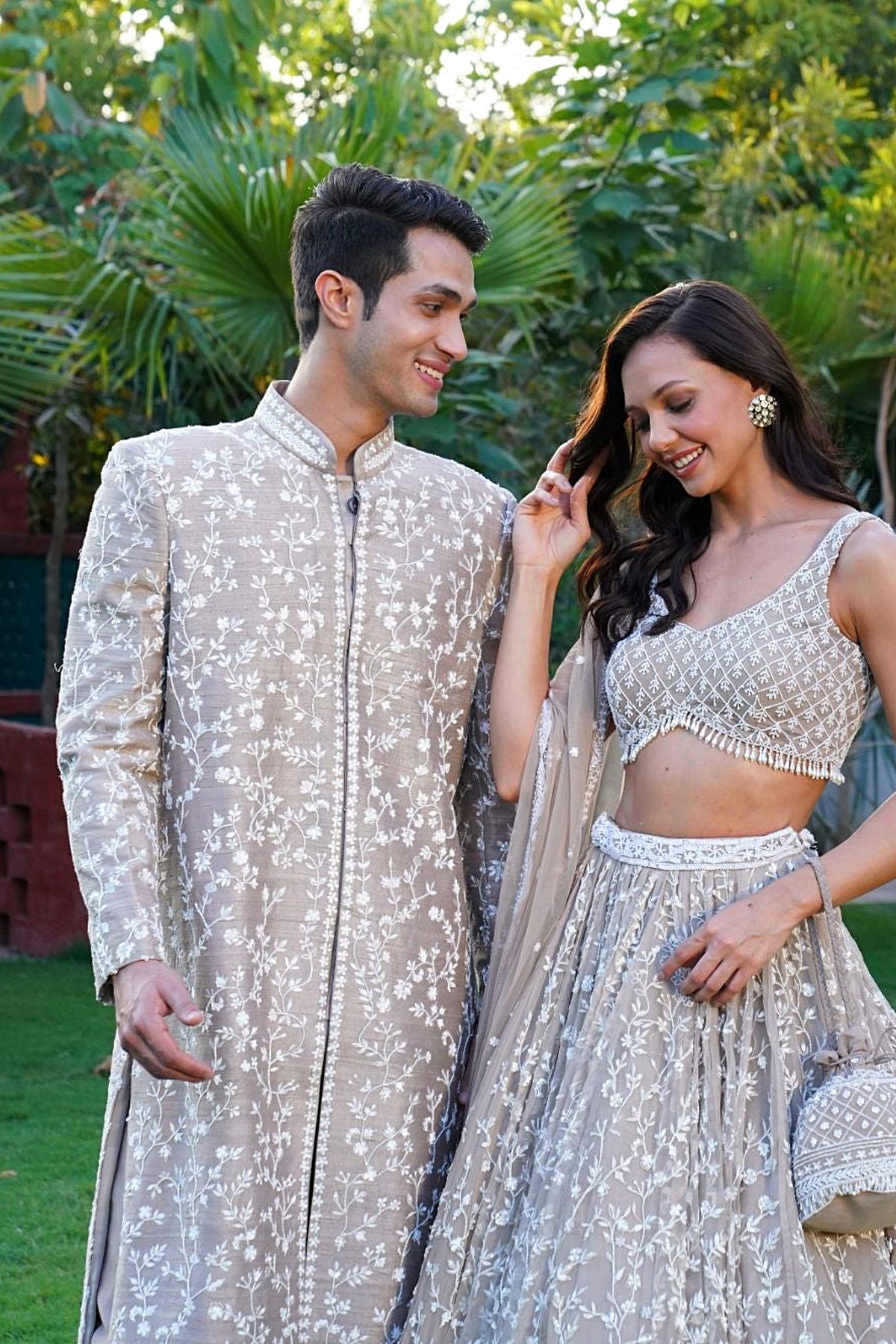 Grey With White Moti Jaal Work Lehenga Set