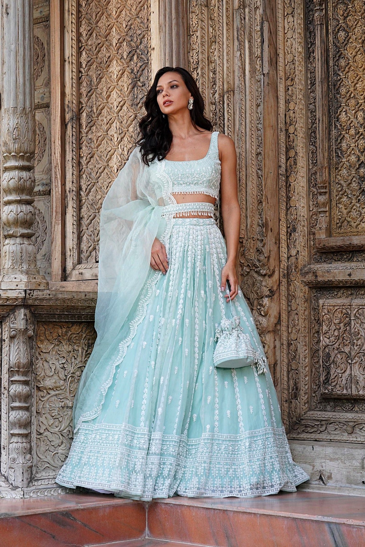 Grey With White Moti Work Lehenga Set