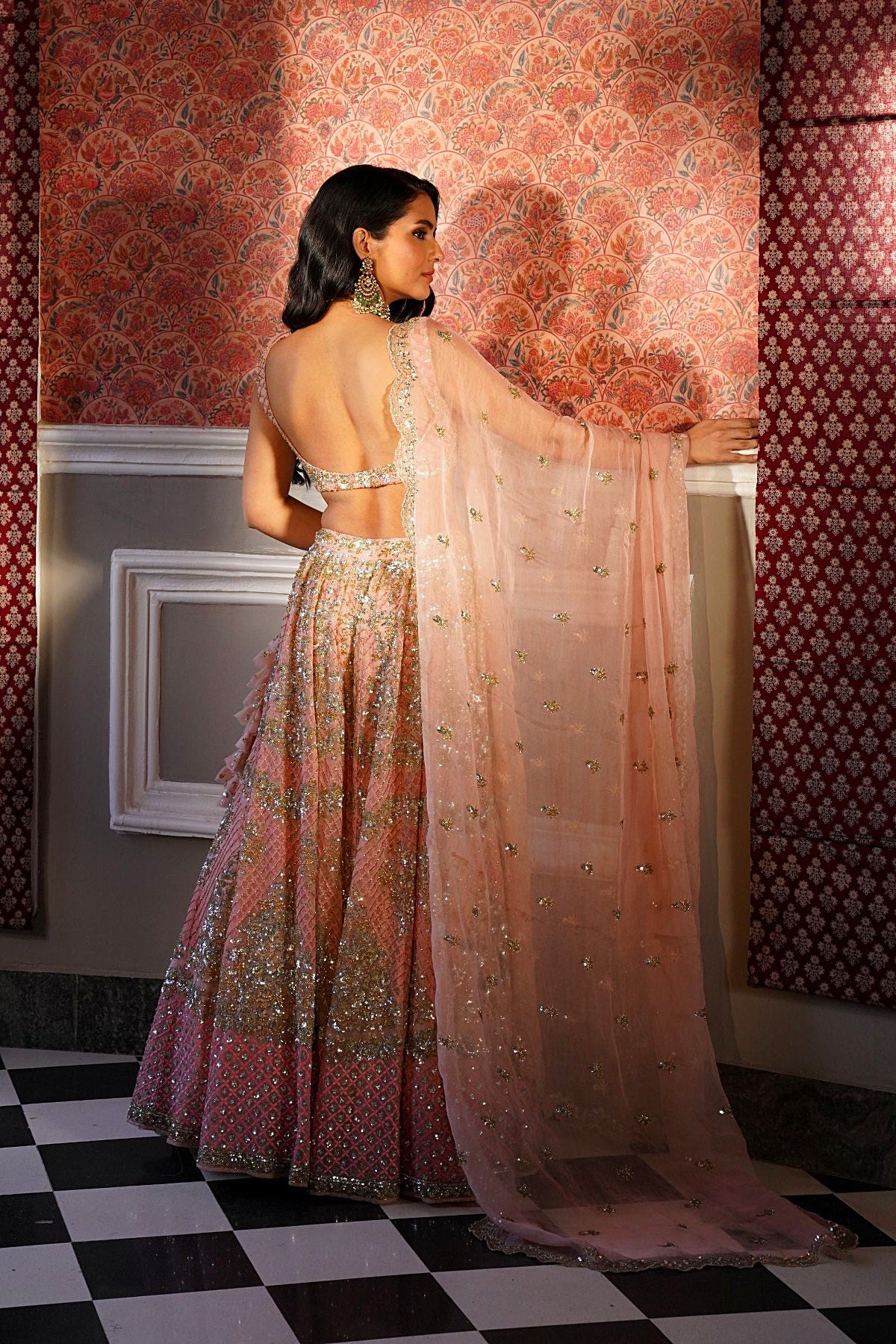 Peach Pink Organza Bridal Lehenga Set