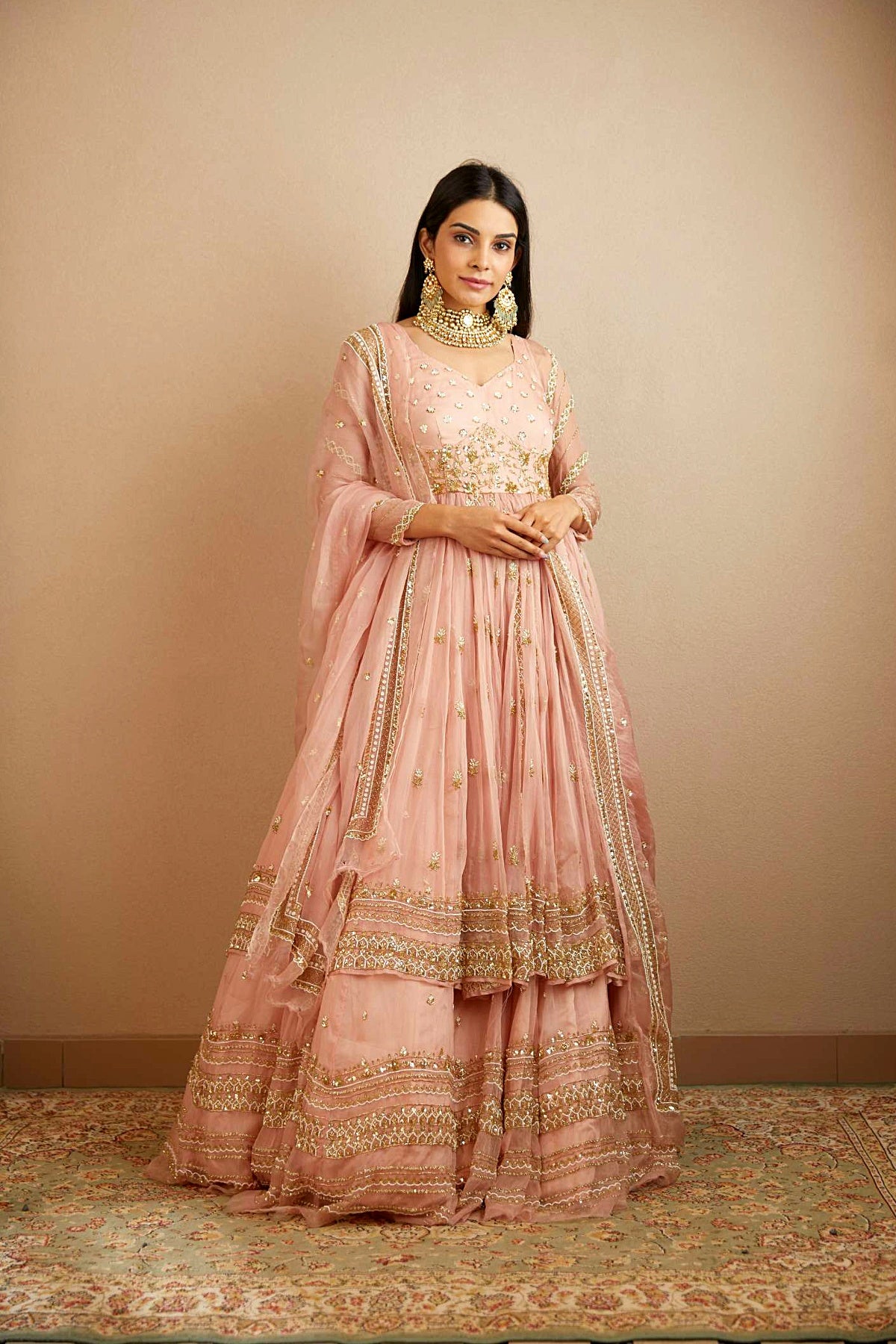 Blush Pink Organza Anarkali With Sharara Set