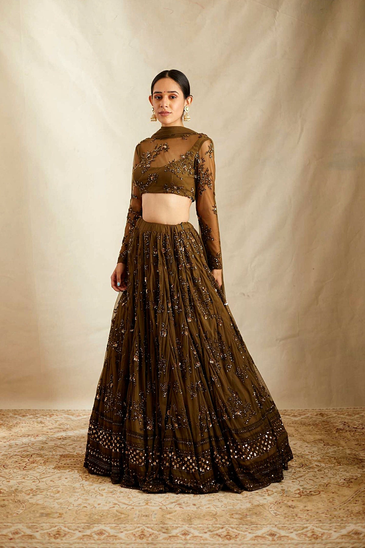 Dark Green Thread Work Lehenga Set