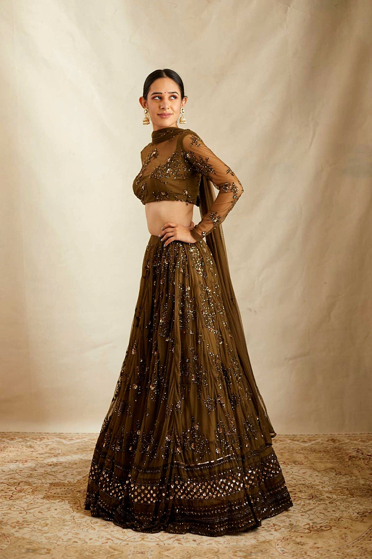 Dark Green Thread Work Lehenga Set