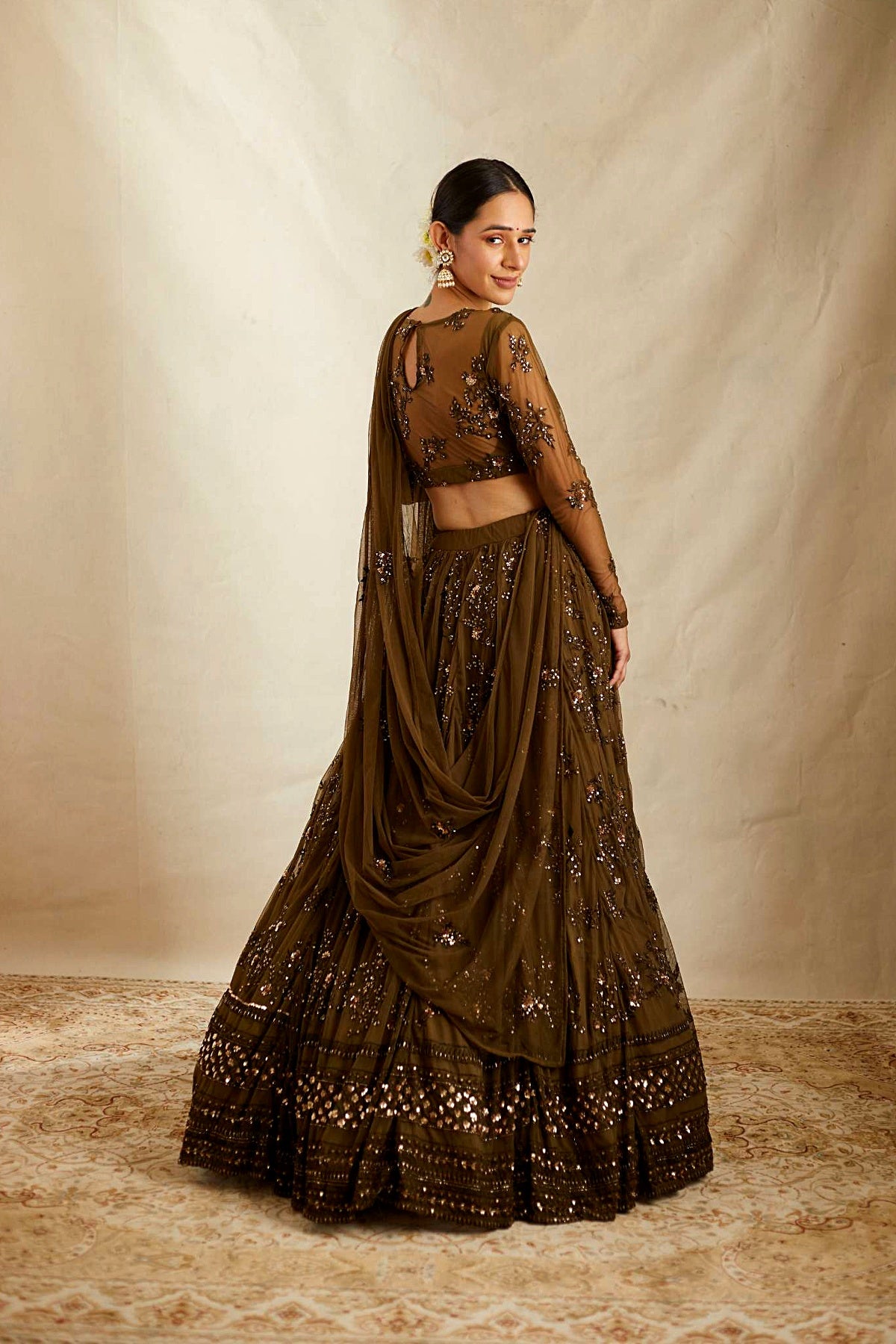 Dark Green Thread Work Lehenga Set
